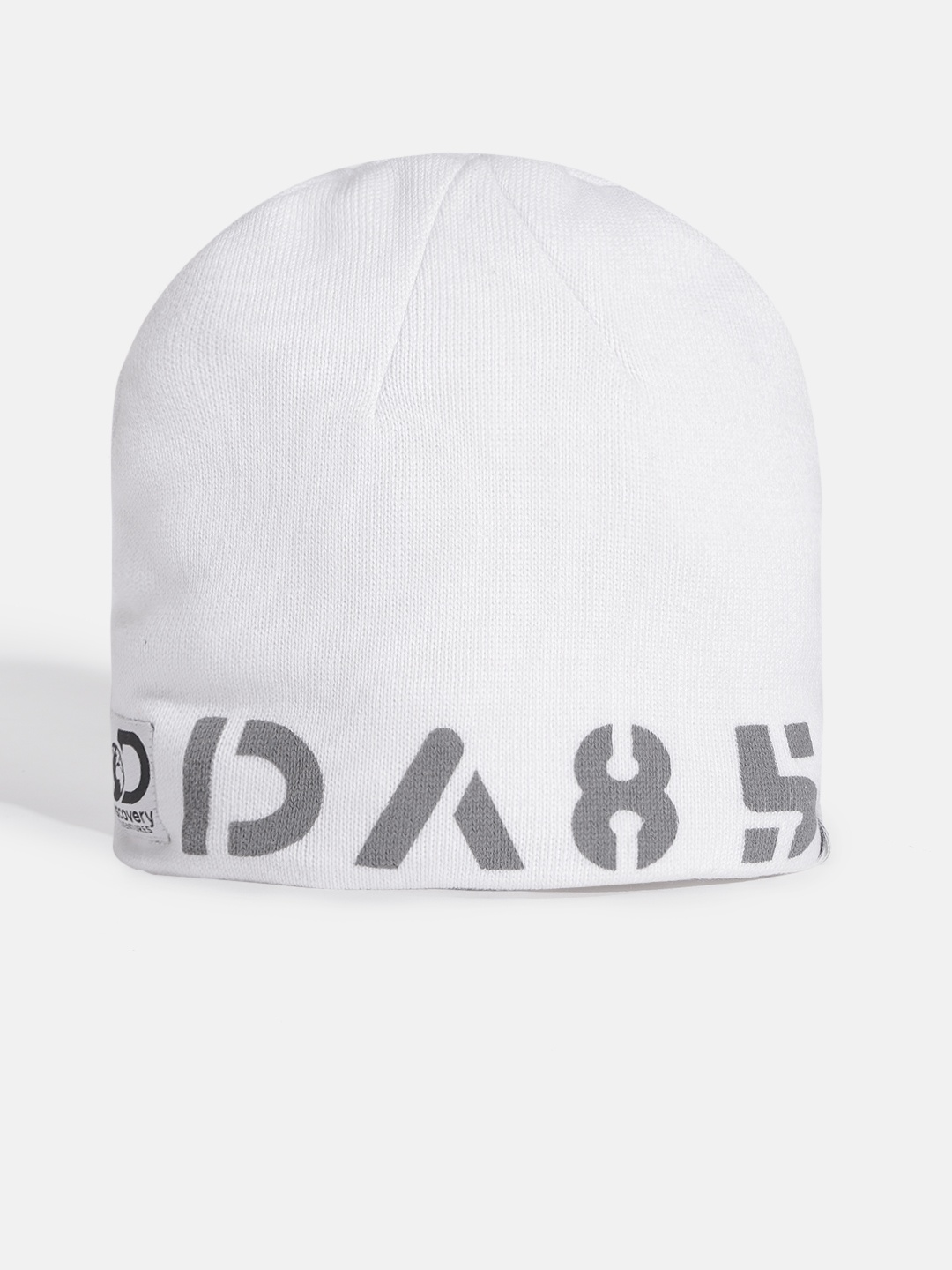 

Roadster X Discovery Unisex White & Grey Acrylic Typography Self-Design Winter Beanie