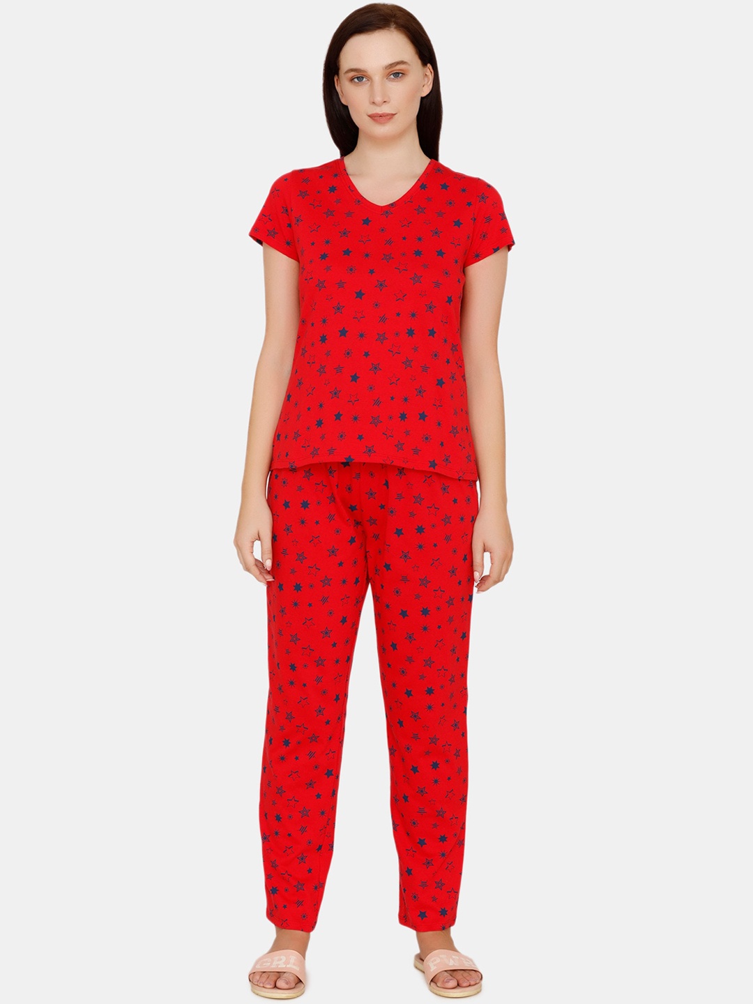 

Zivame Women Red & Black Geometric Printed Night suit