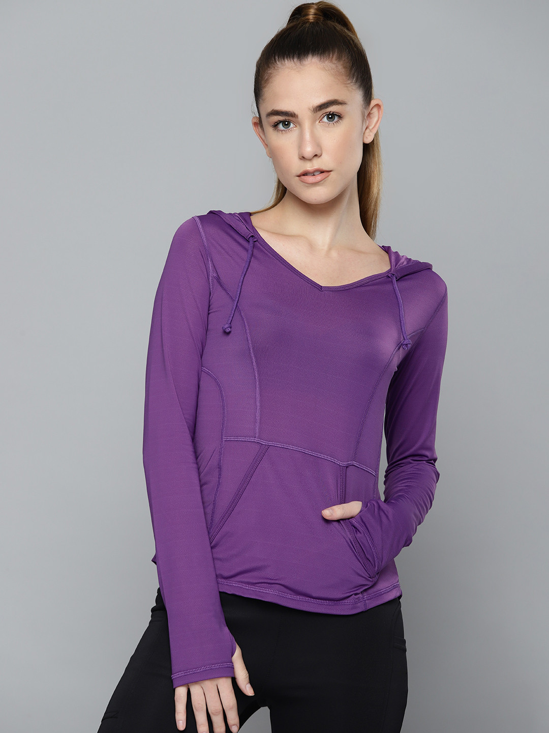 

Fitkin Women Purple Hooded Training or Gym T-shirt
