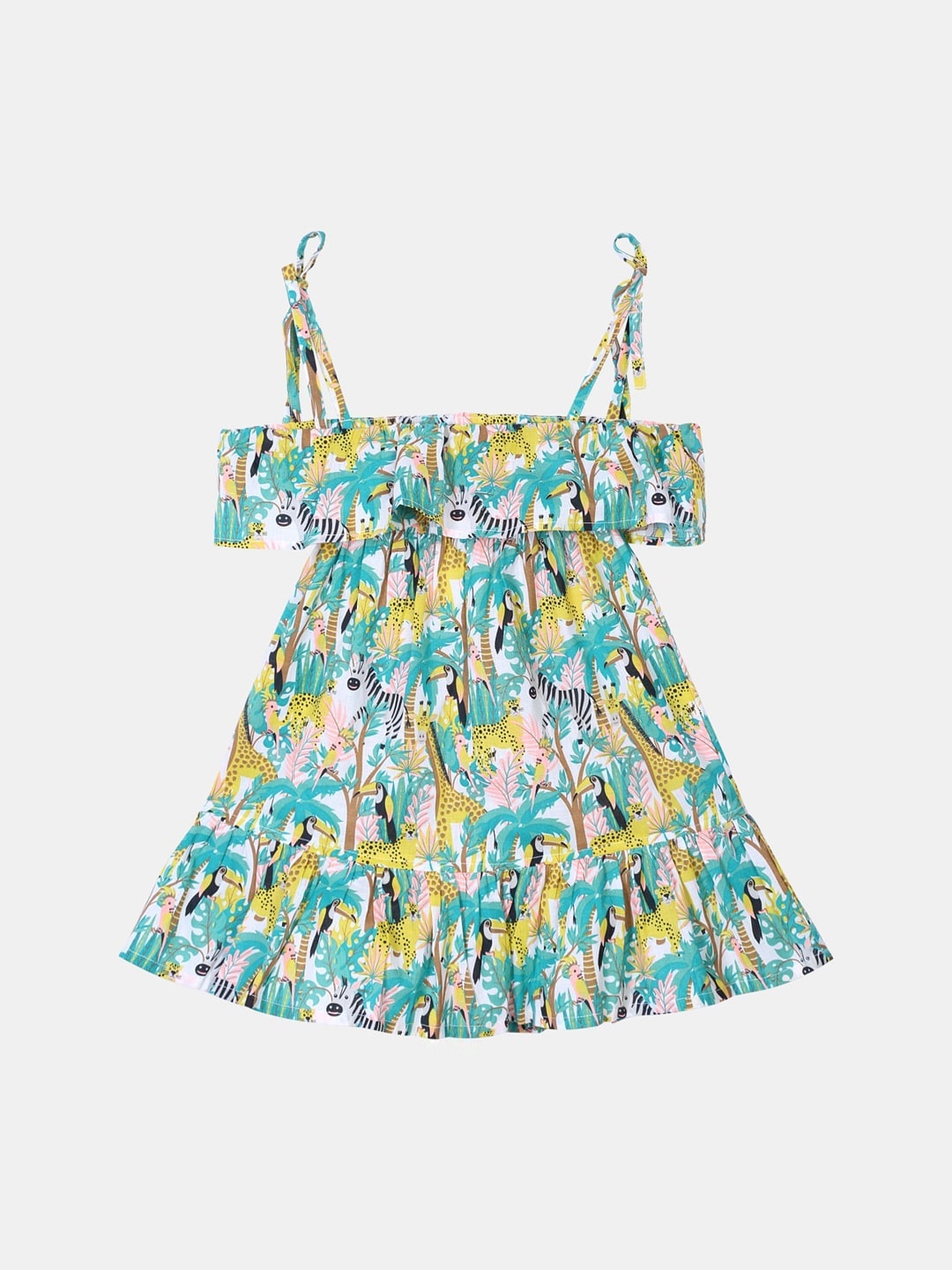 

Jade Garden White & Green Tropical Off-Shoulder Above-Knee A-Line Sustainable Dress