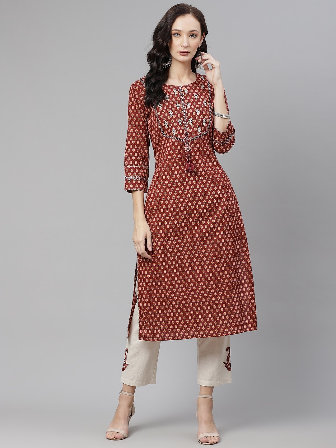 

Divena Women Brown & Beige Printed Mirror Work Pure Cotton Kurta with Trousers