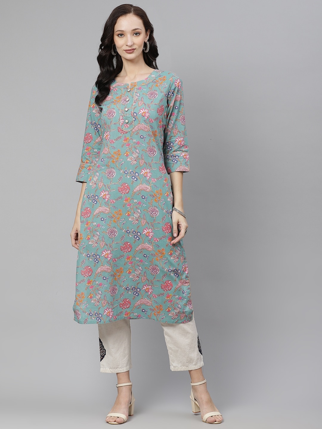 

Divena Women Green & Mustard Yellow Pure Cotton Floral Printed Kurta