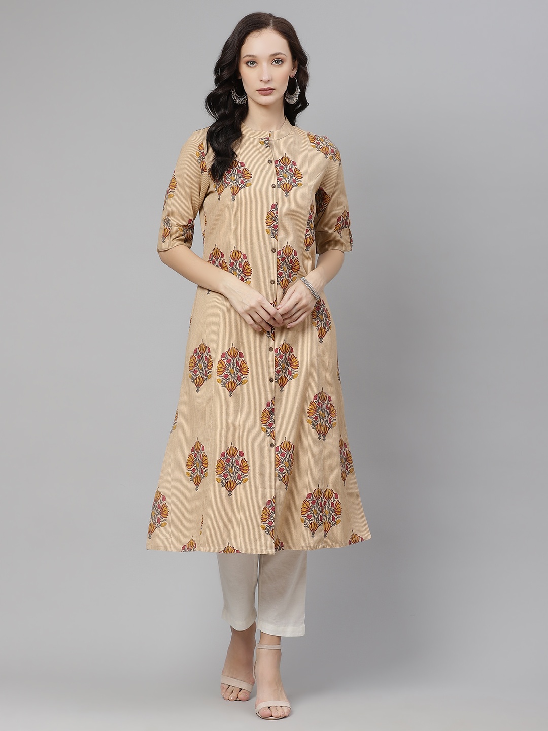 

Divena Women Beige & Mustard Yellow Pure Cotton Printed Kurta