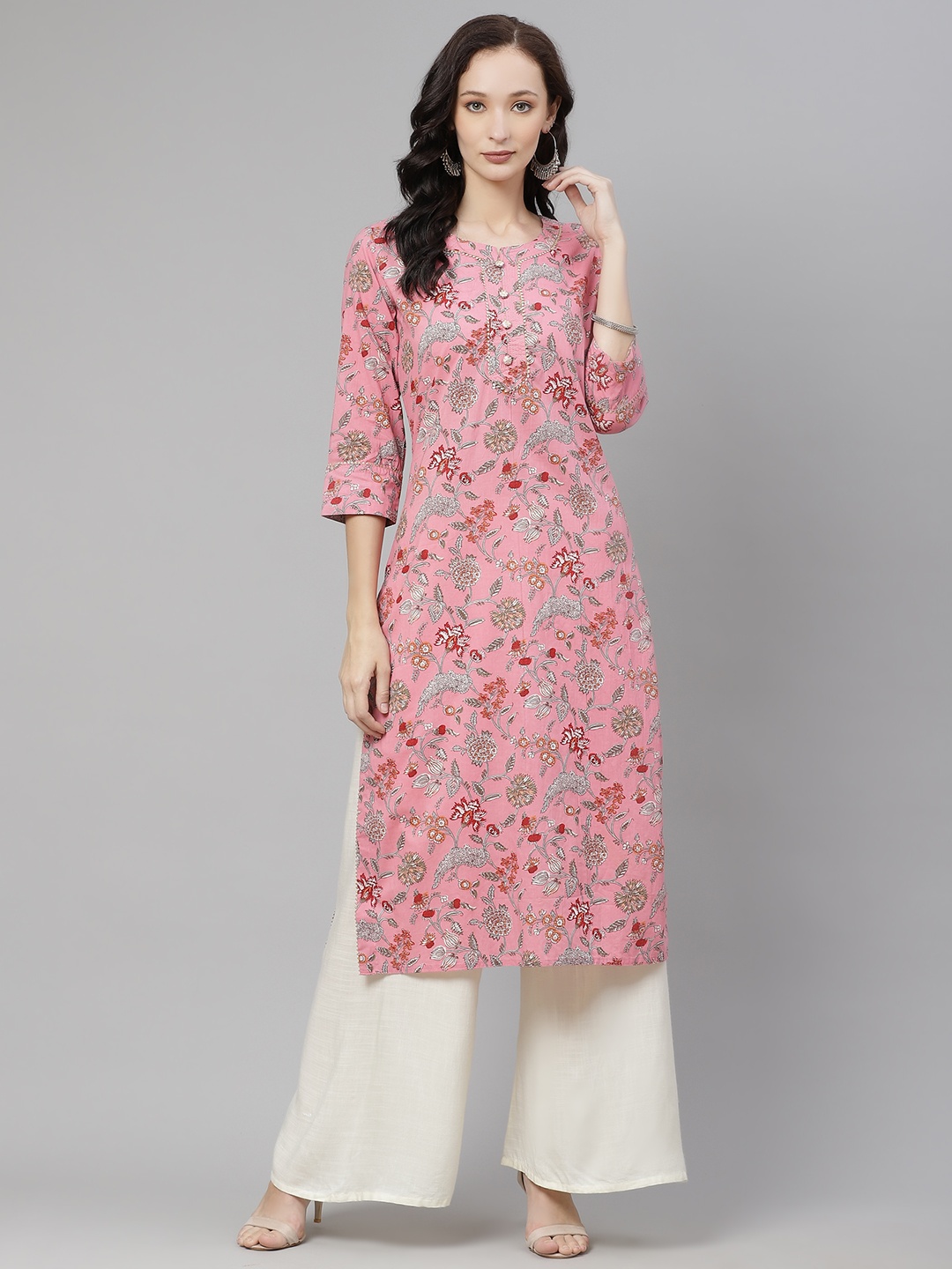 

Divena Women Pink Pure Cotton Floral Print Gotta Patti Kurta