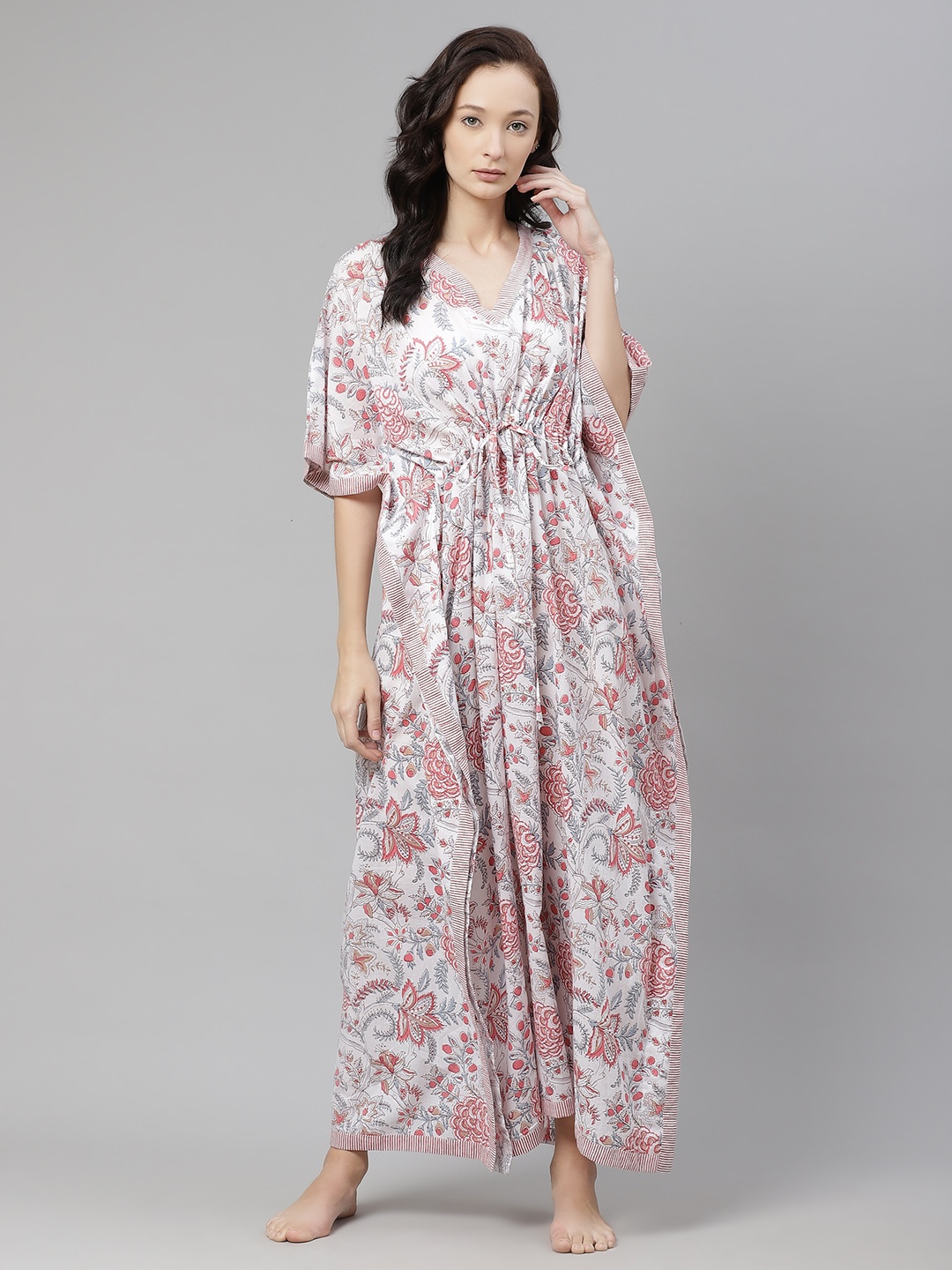 

Divena White & Pink Printed Maxi Pure Cotton Kaftan Nightdress