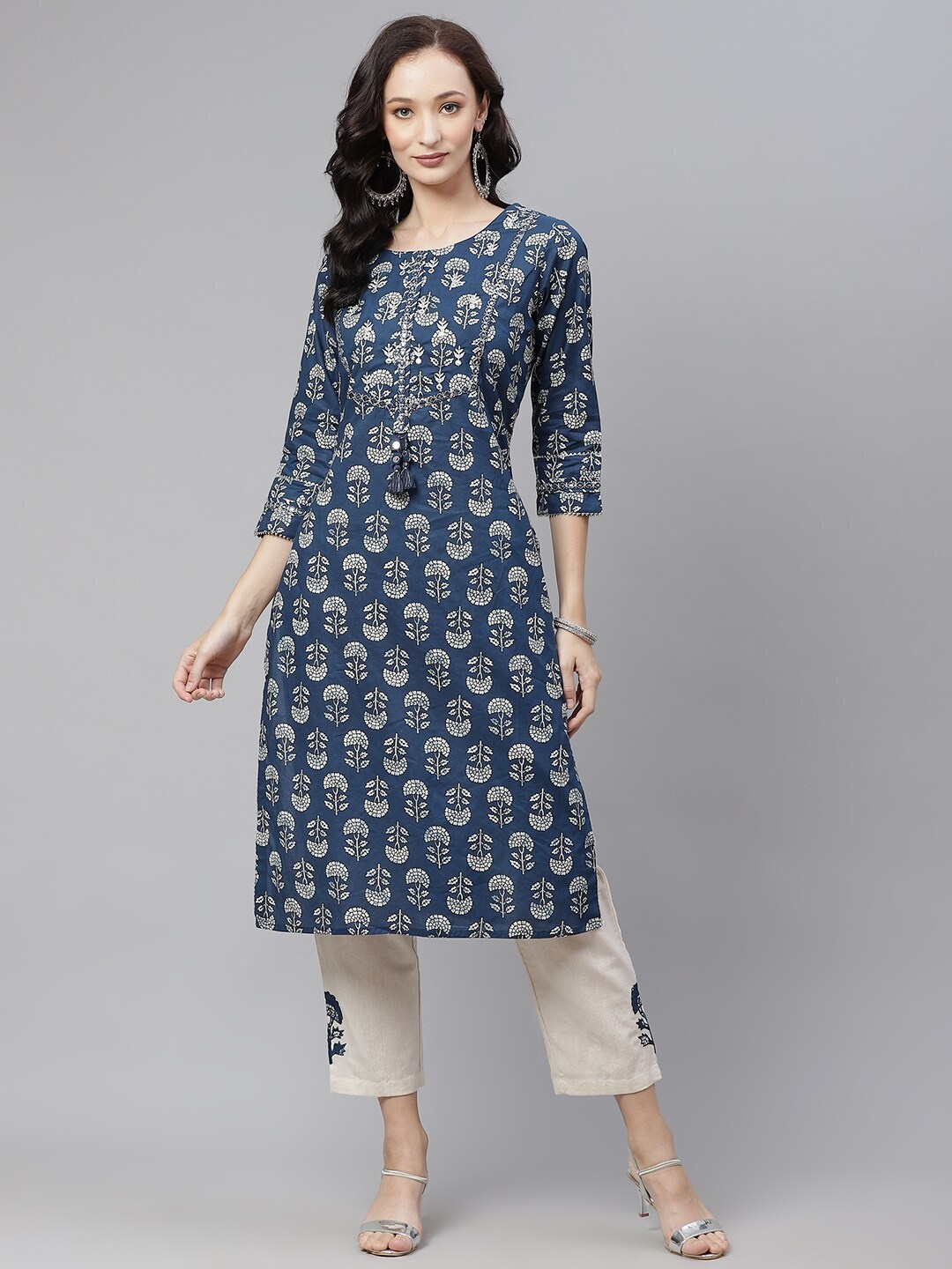 

Divena Women Navy Blue & White Printed Mirror Work Pure Cotton Kurta with Trousers