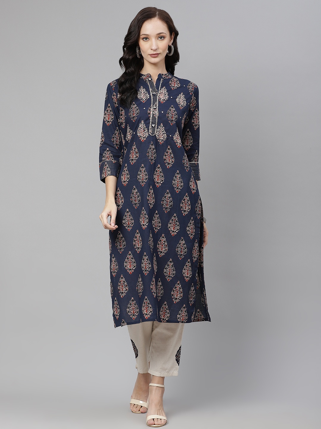 

Divena Women Navy Blue Ethnic Motifs Printed Pure Cotton Kurta with Trousers