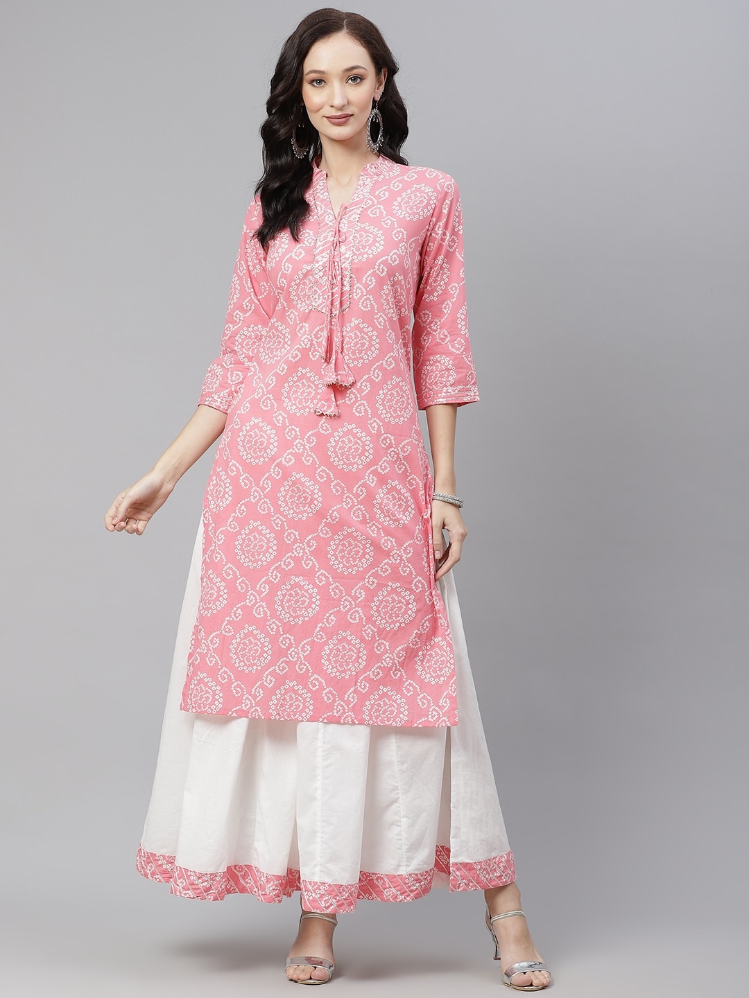 

Divena Women Pink Ethnic Motifs Printed Gotta Patti Pure Cotton Kurta with Palazzos