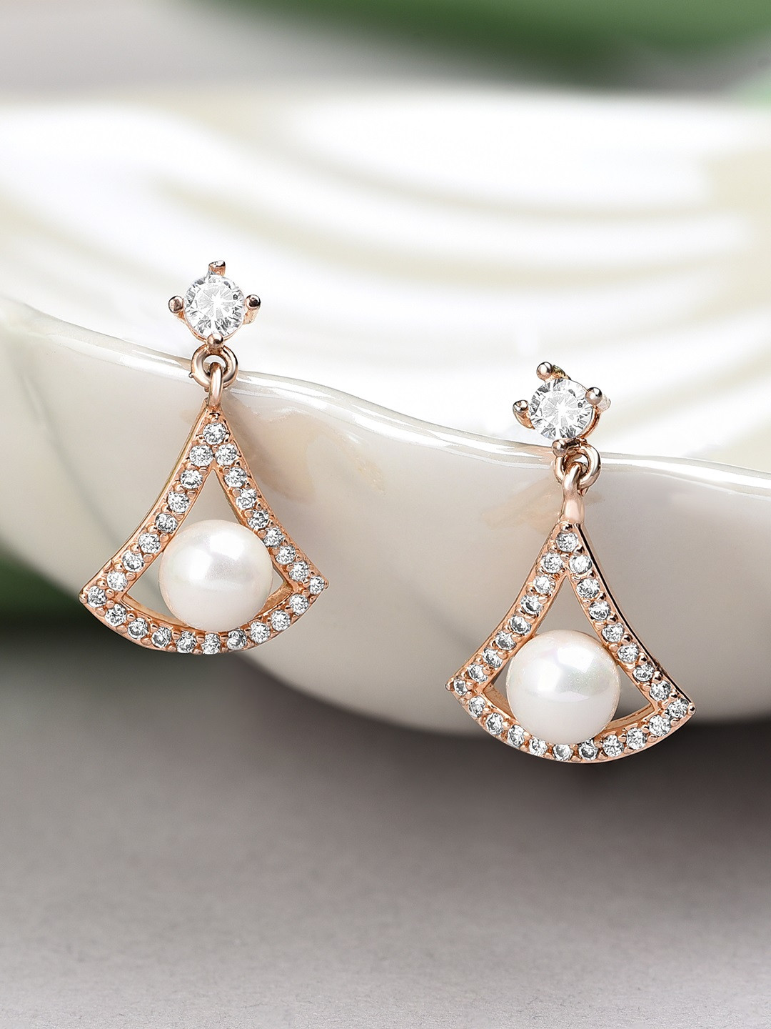 

AMI Rose Gold-Plated Cubic Zirconia & Pearl Studded Handcrafted Contemporary Drop Earrings