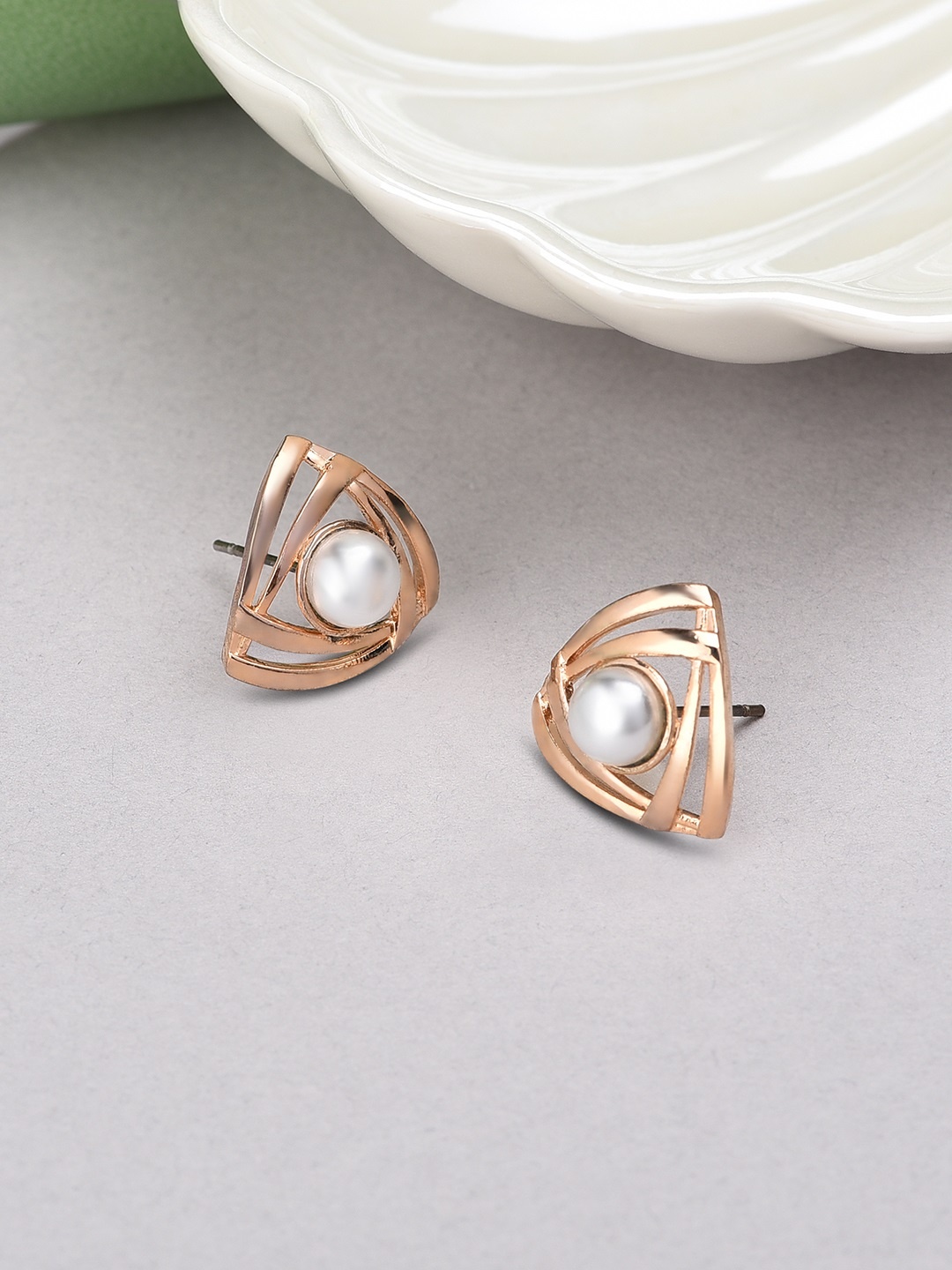 

AMI Rose Gold Plated Contemporary Cubic Zirconia & Pearl Studs Earrings