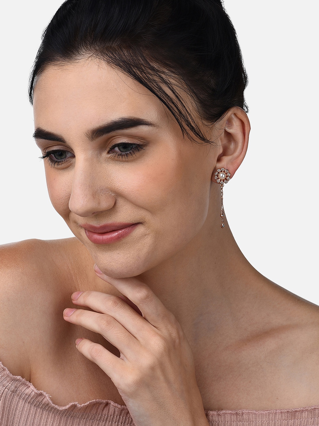 

AMI Rose Gold-Plated CZ Stone Studded Contemporary Drop Earrings