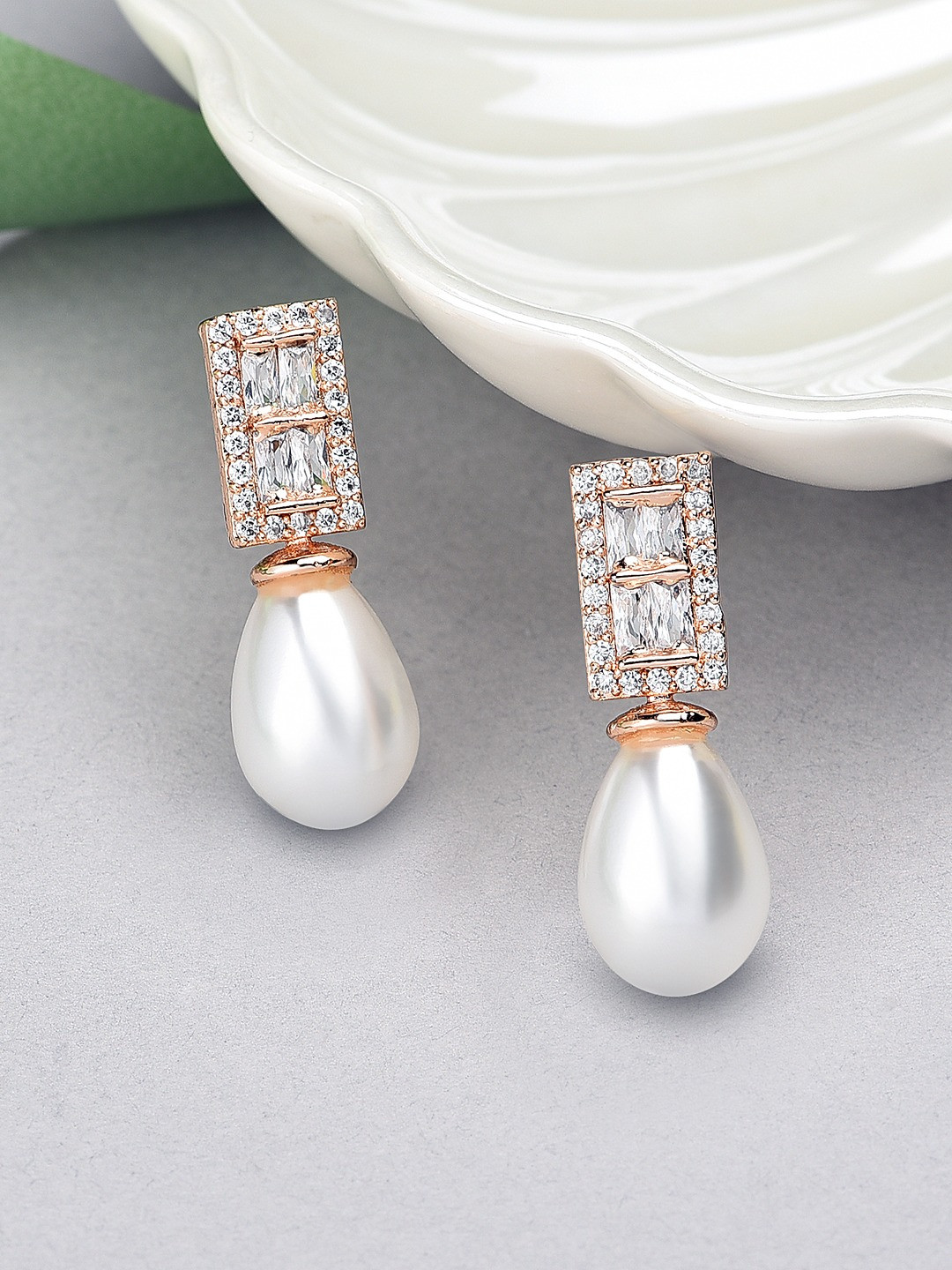 

AMI Rose Gold-Plated Cubic Zirconia & Pearl Studded Handcrafted Contemporary Drop Earrings