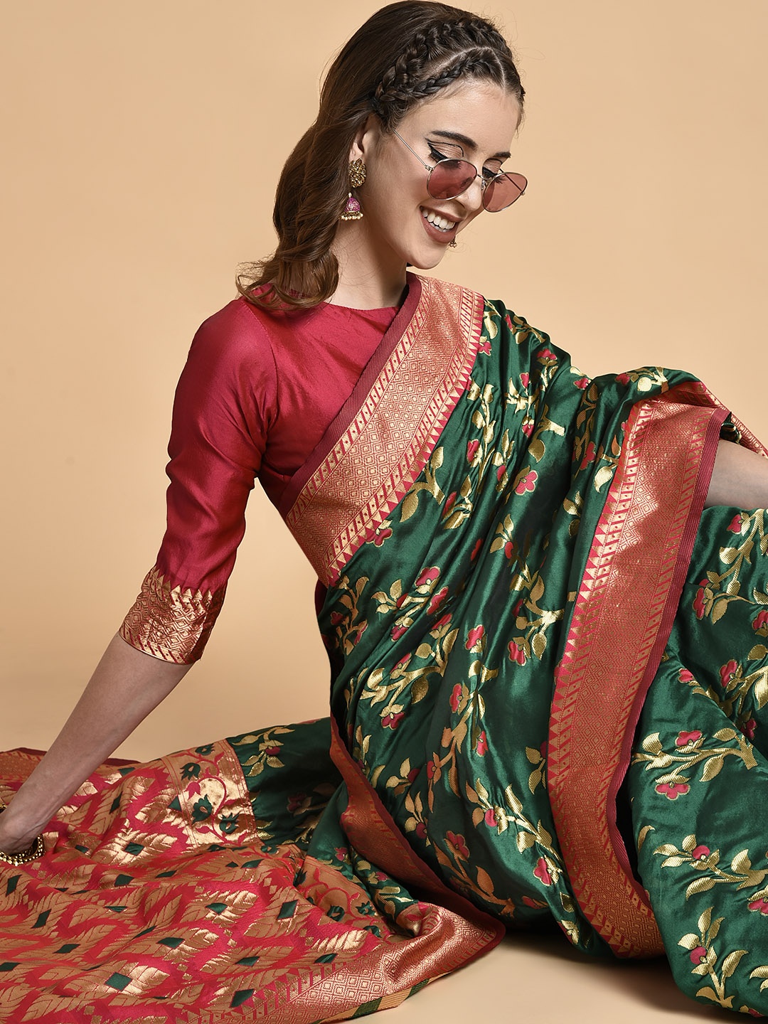Sangria Green & Red Floral Silk Blend Heavy Work Banarasi Saree