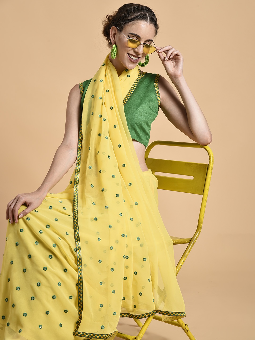 

Sangria Yellow & Green Woven Design Embroidered Pure Georgette Saree