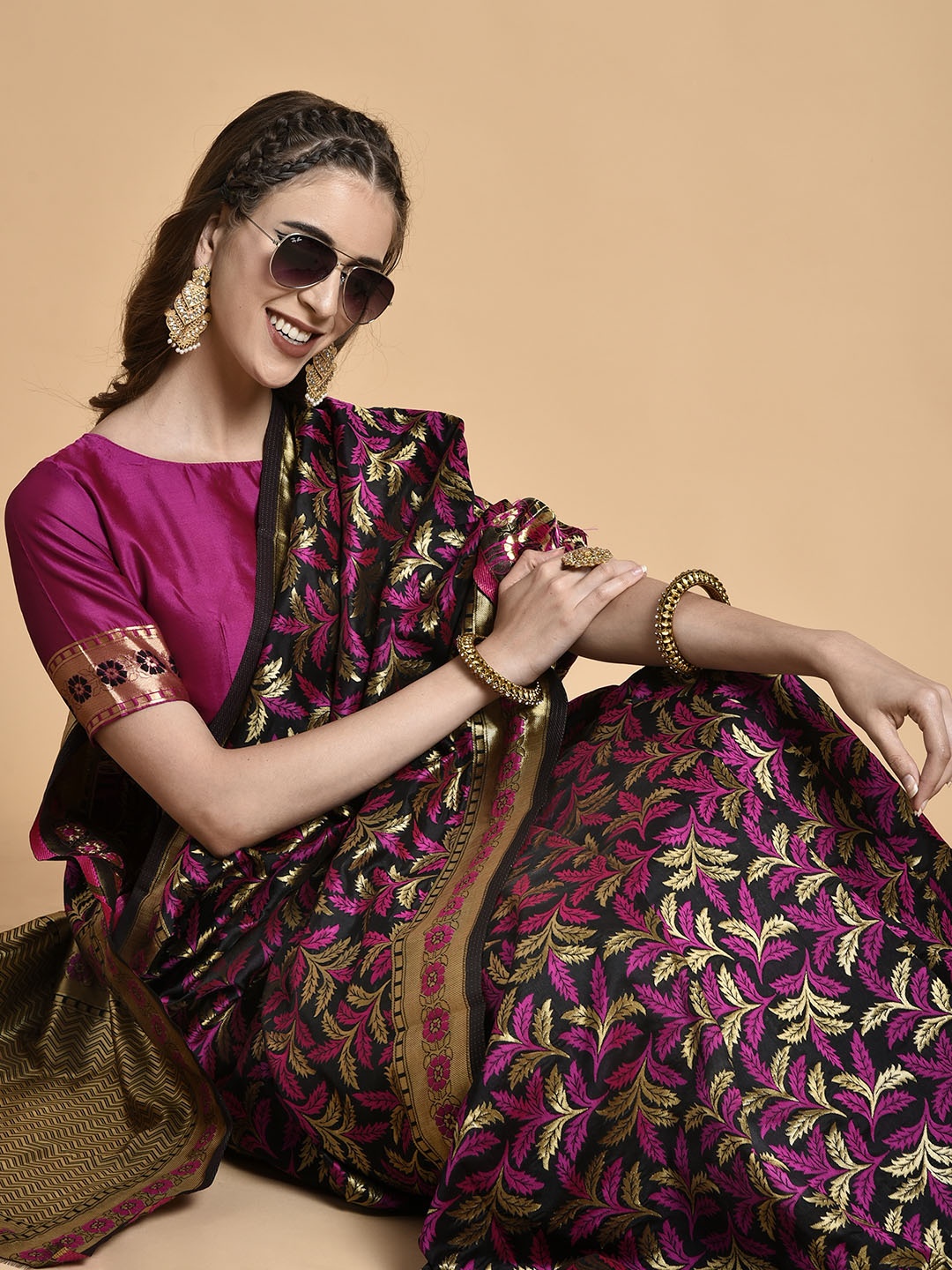 Sangria Black & Pink Floral Zari Silk Blend Heavy Work Banarasi Saree