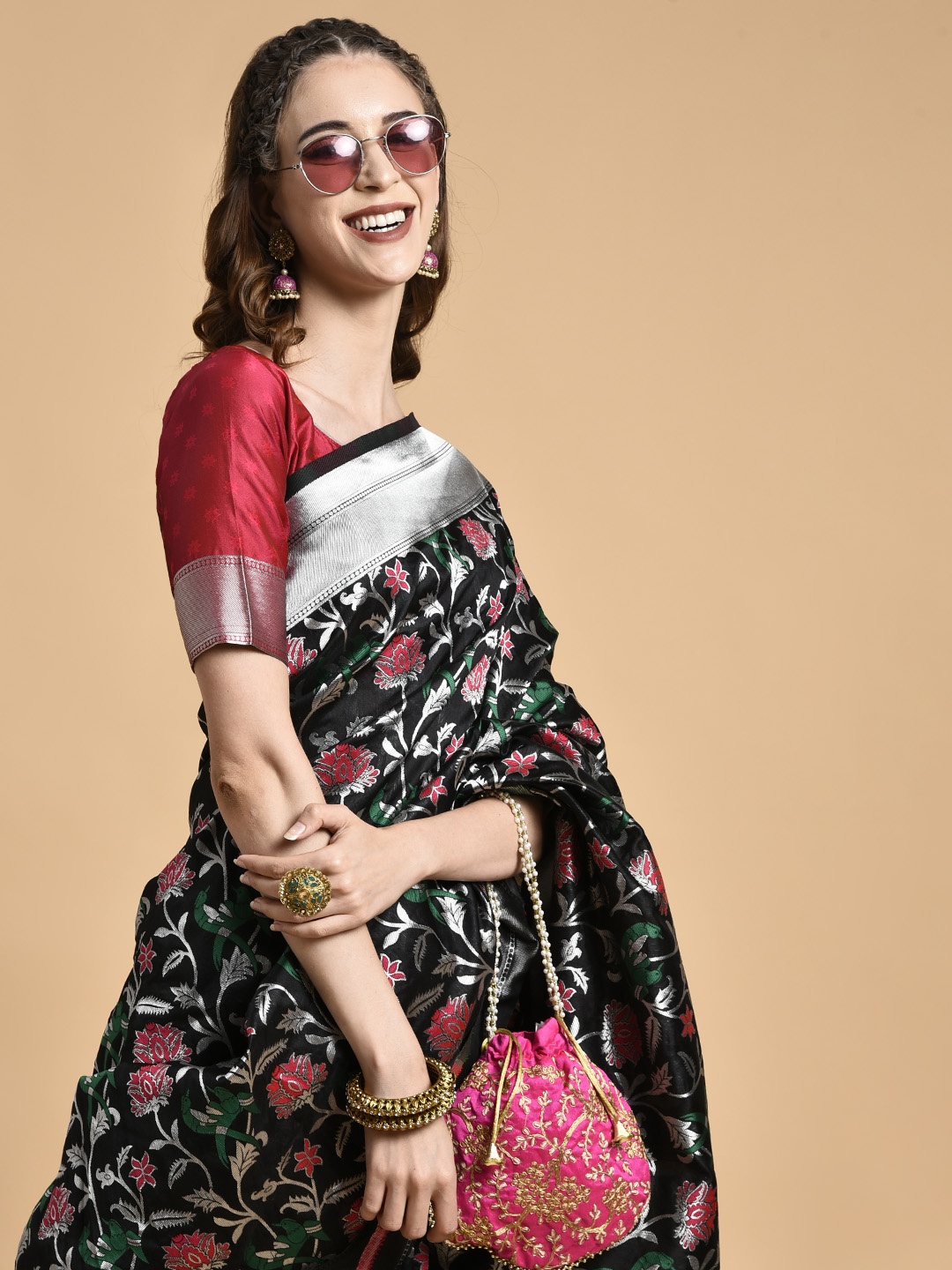

Sangria Black & Pink Floral Zari Silk Blend Heavy Work Banarasi Saree