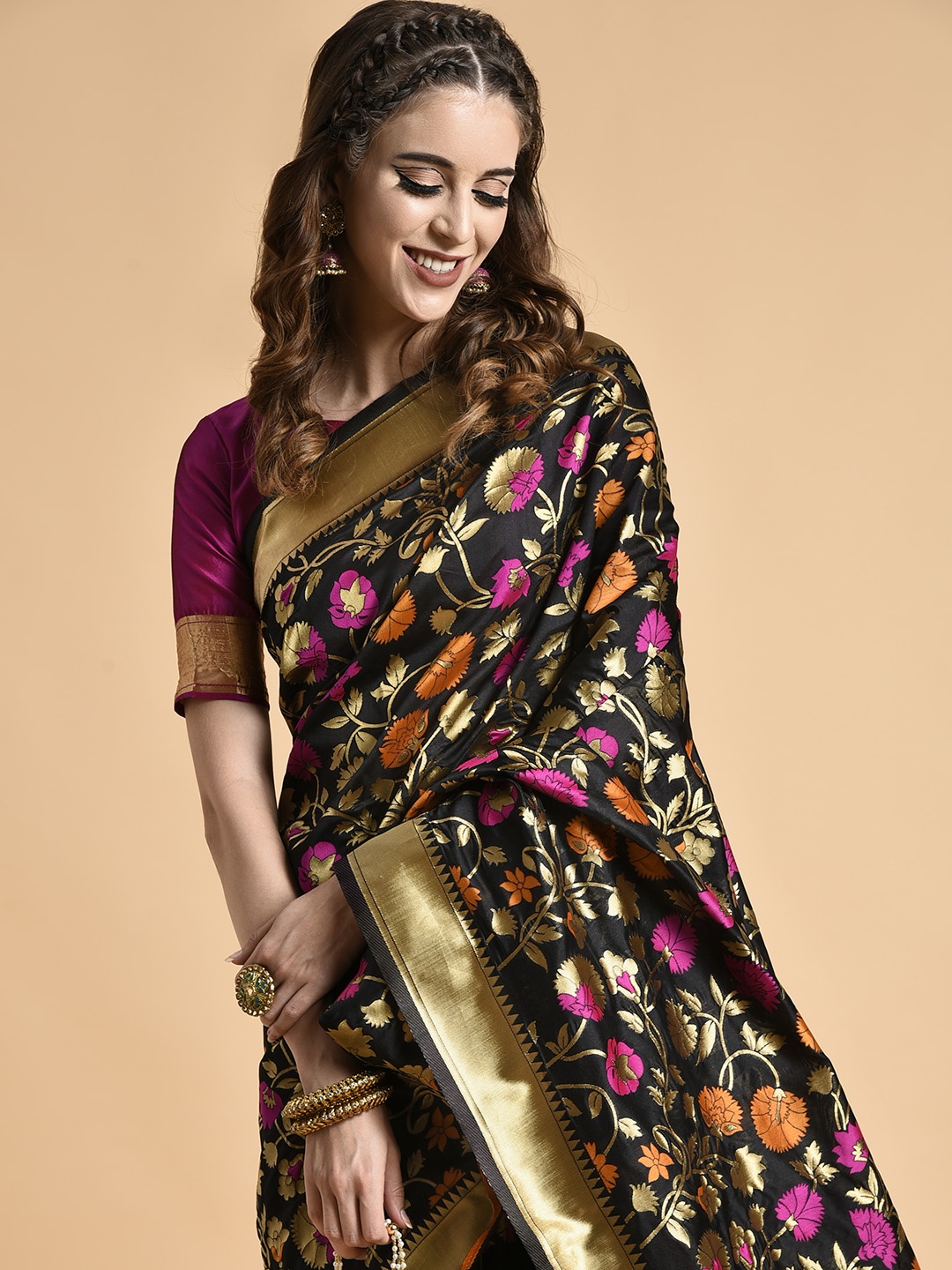 

Sangria Black & Pink Floral Zari Silk Blend Banarasi Saree