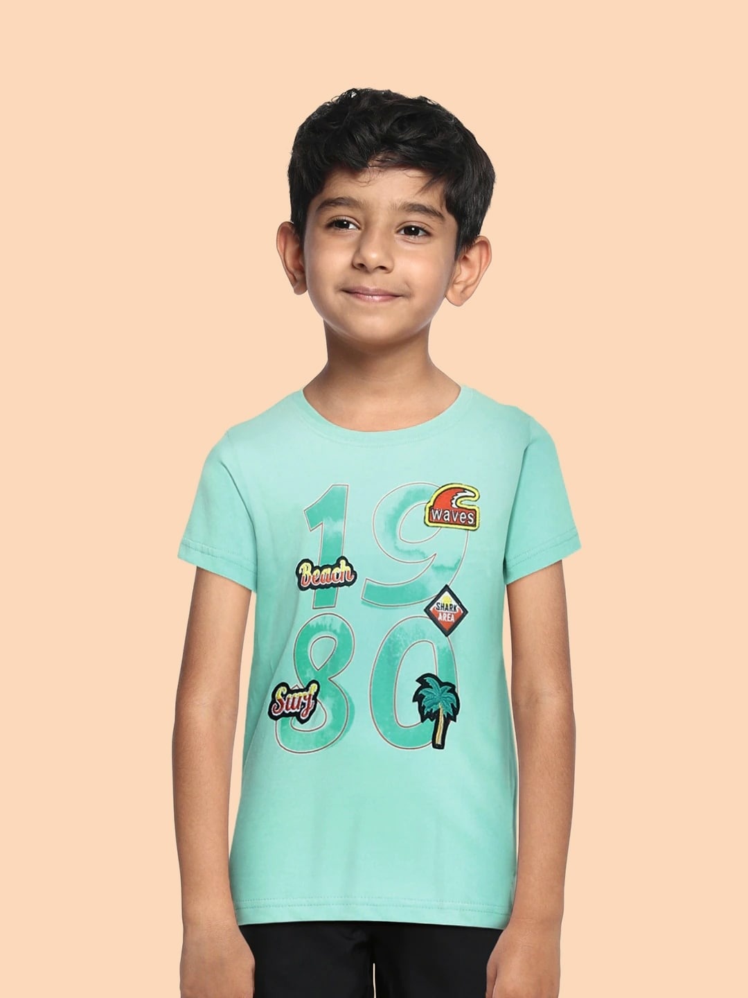 

Gini and Jony Boys Sea Green Pure Cotton Printed Applique Pure Cotton T-shirt