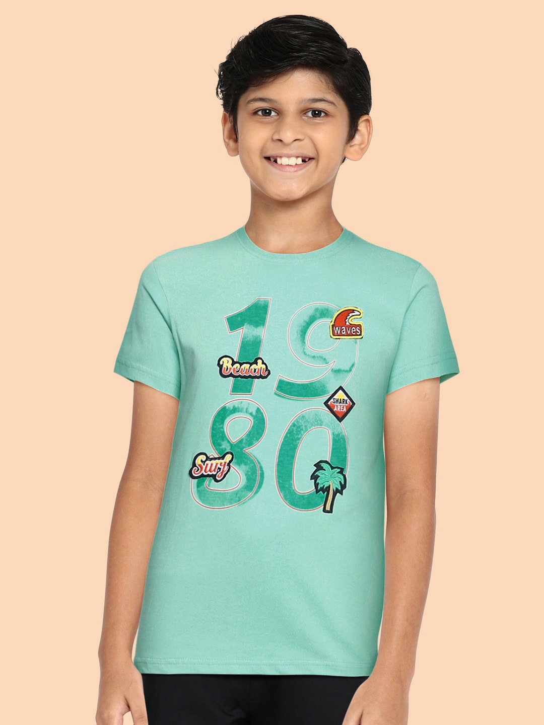 

Gini and Jony Boys Sea Green Printed Pure Cotton T-shirt