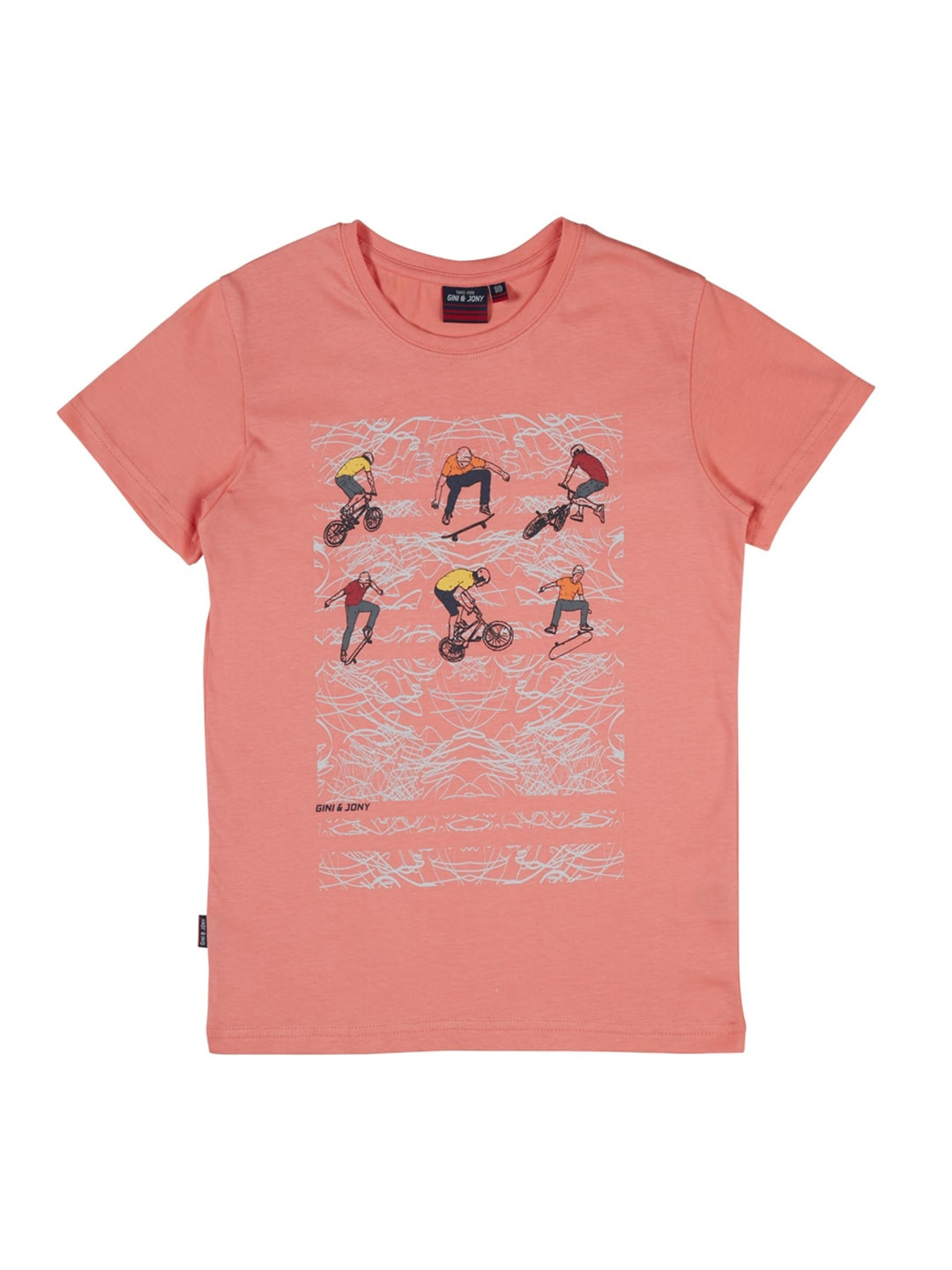 

Gini and Jony Boys Coral Coloured Graphic Printed Pure Cotton T-shirt