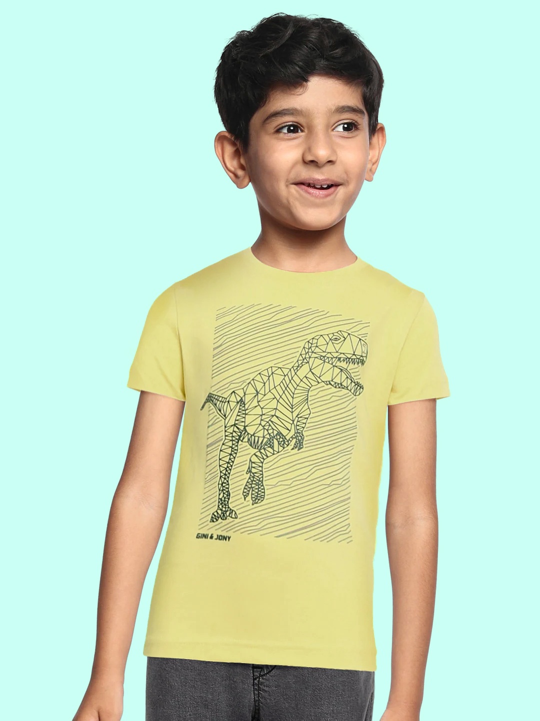 

Gini and Jony Boys Yellow Graphic Printed Raw Edge T-shirt