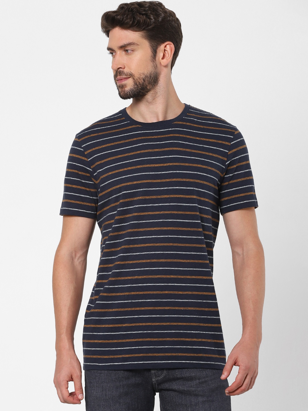 

SELECTED Men Navy Blue & Orange Striped Organic Cotton T-shirt
