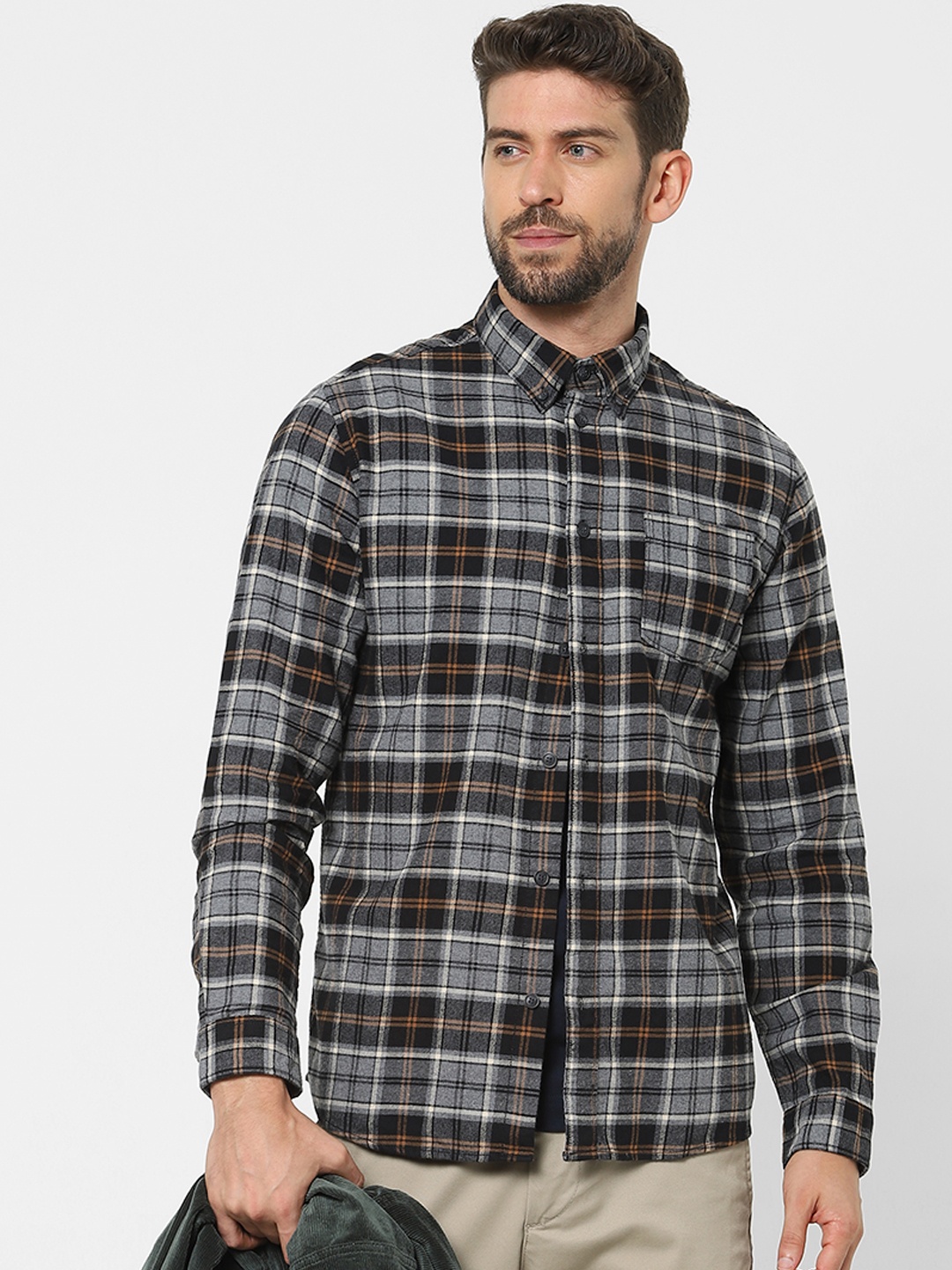 

SELECTED Men Grey & Black Checked Organic Cotton Casual Shirt