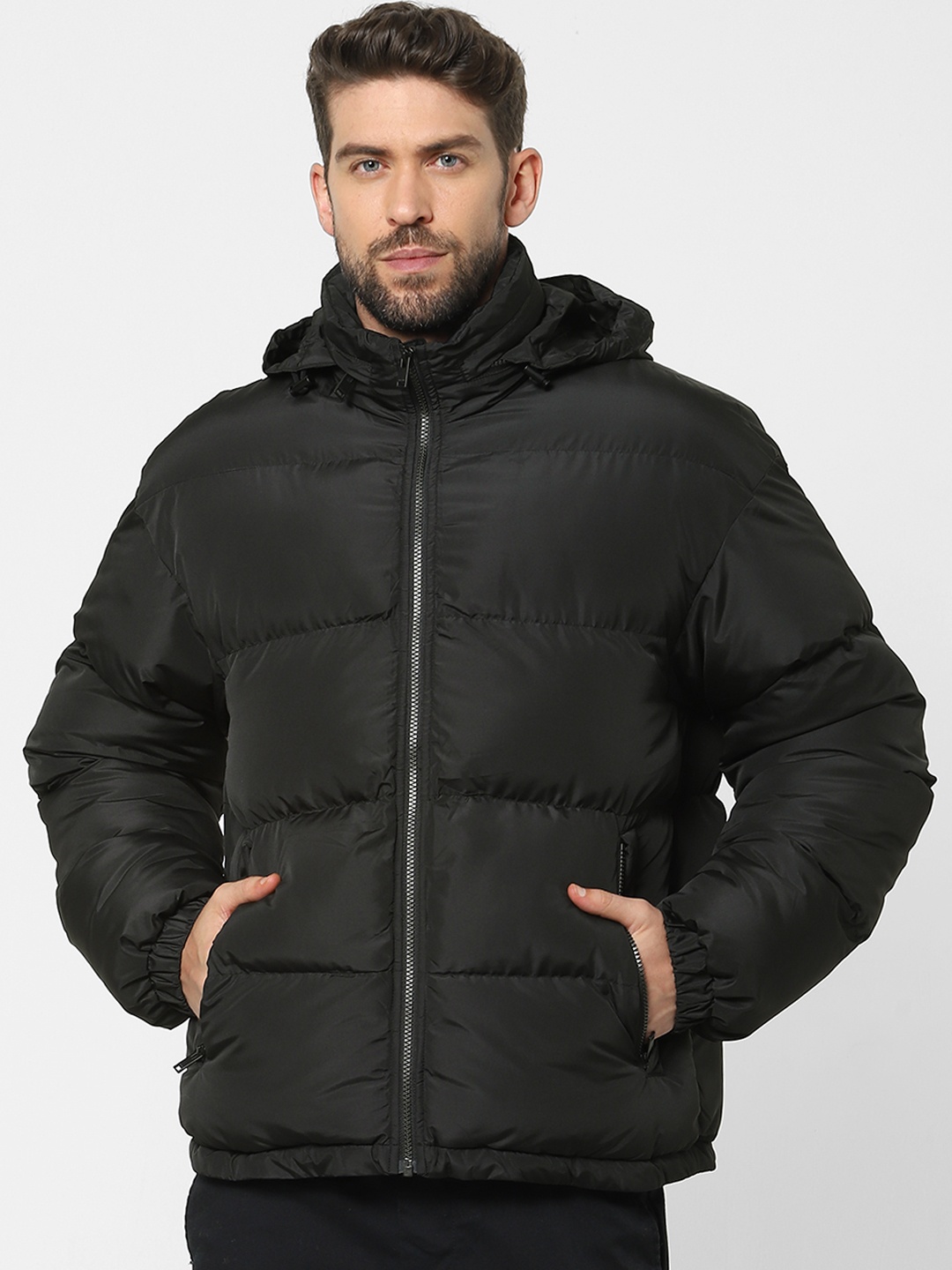 

SELECTED Men Black Solid Hooded Puffer Jacket
