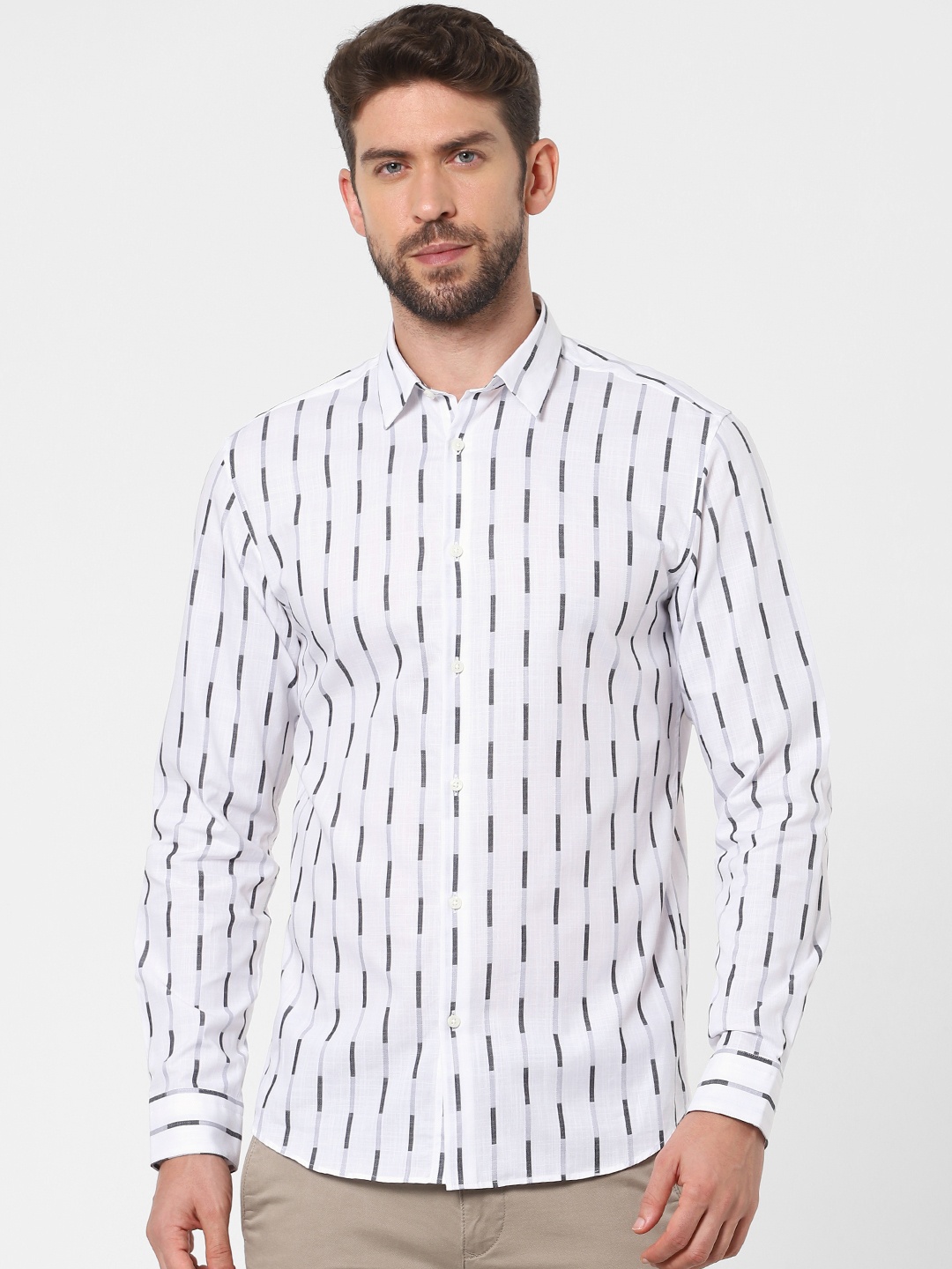 

SELECTED Men White Slim Fit Opaque Striped Casual Shirt