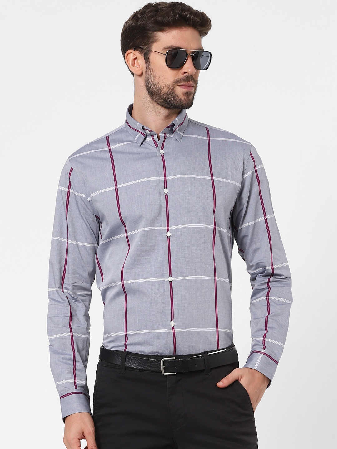 

SELECTED Men Grey & White Slim Fit Windowpane Checked Opaque Casual Shirt