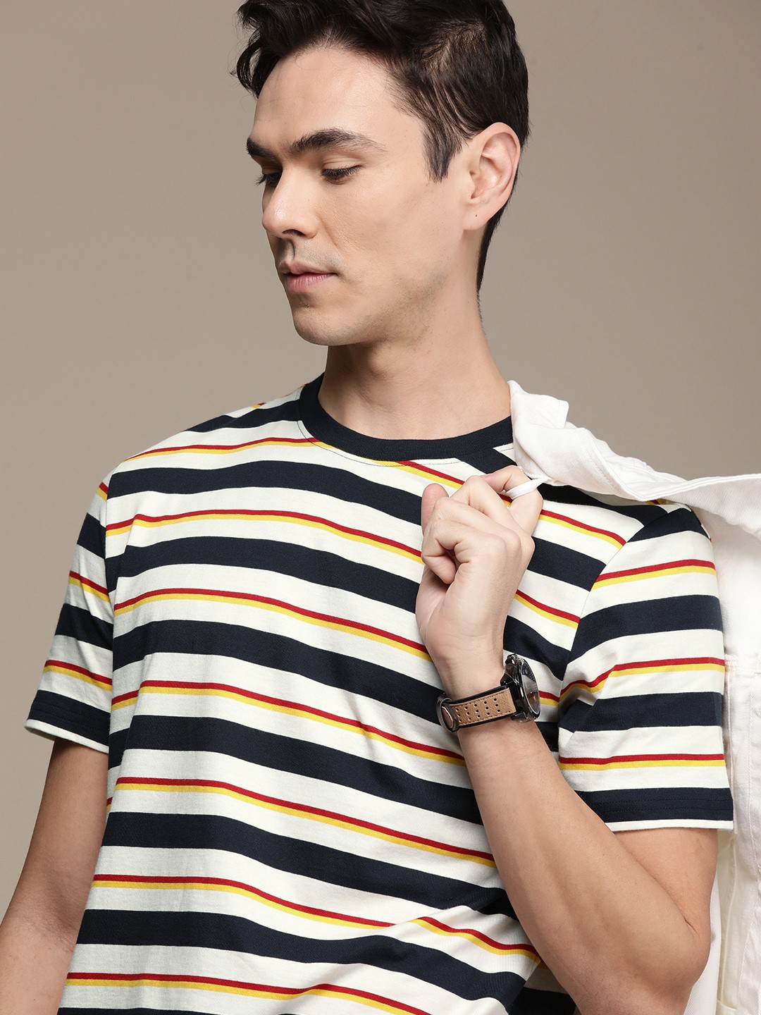 

SELECTED Men Navy Blue White Striped Pure Cotton T-shirt