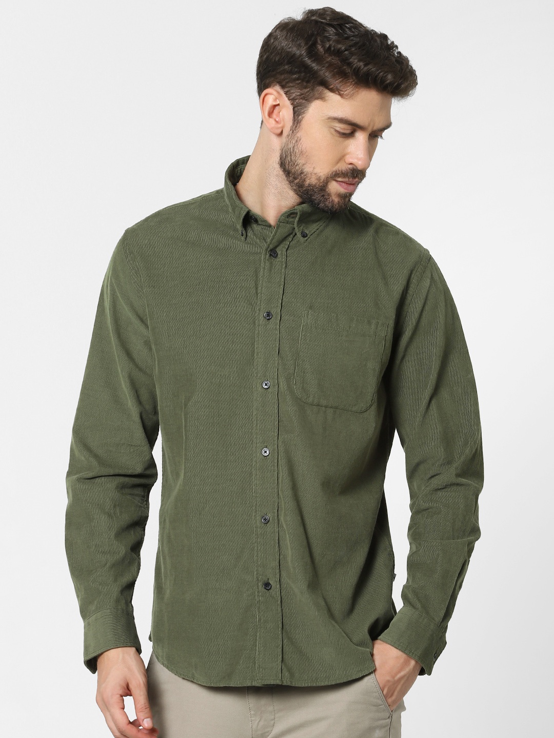 

SELECTED Men Green Solid Opaque Corduroy Pure Cotton Casual Shirt