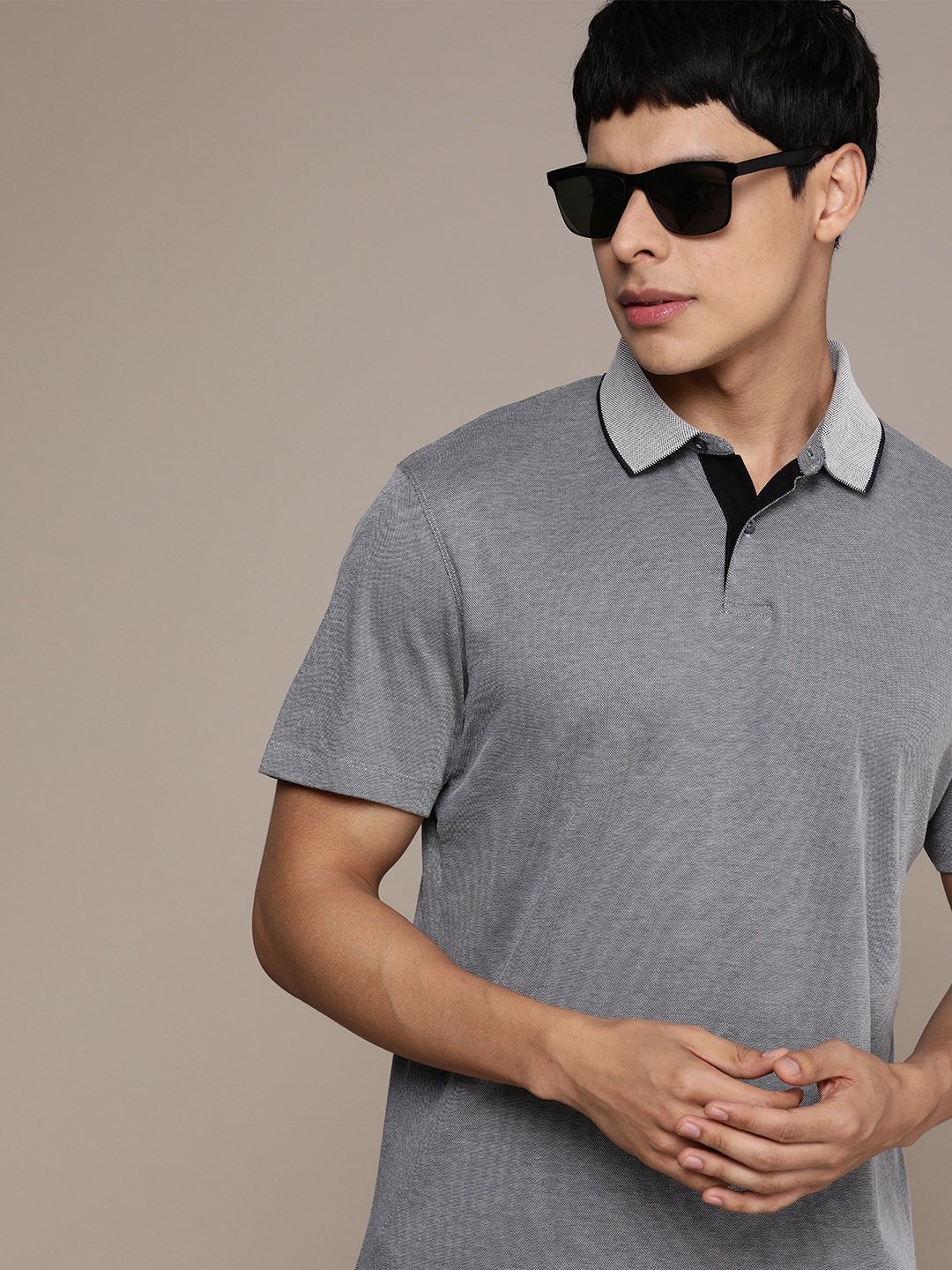 

SELECTED Men Grey Melange Solid Polo Collar T-shirt