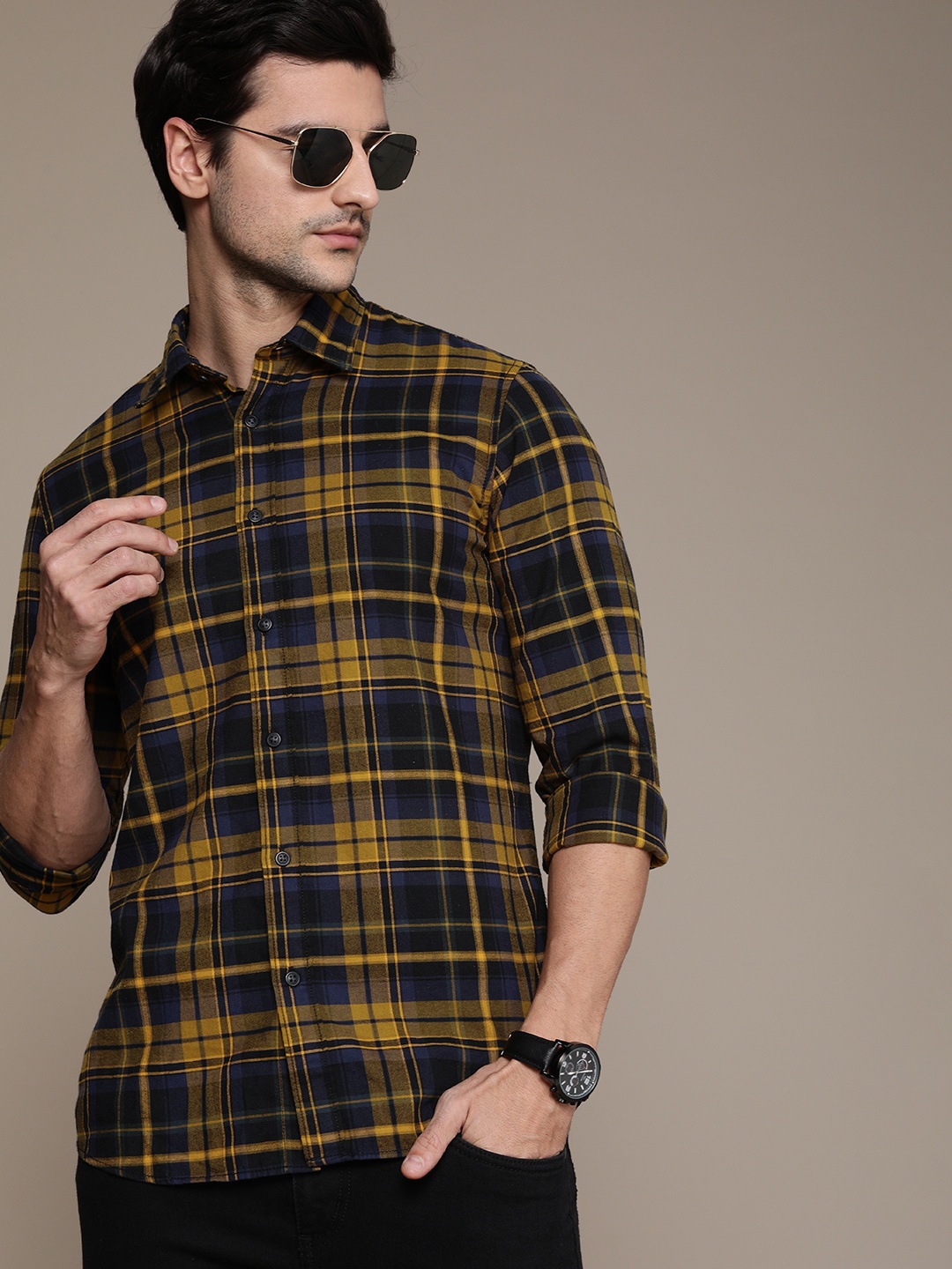 

SELECTED Men Mustard And Navy-Blue Slim Fit Checked Pure Cotton Casual Shirt