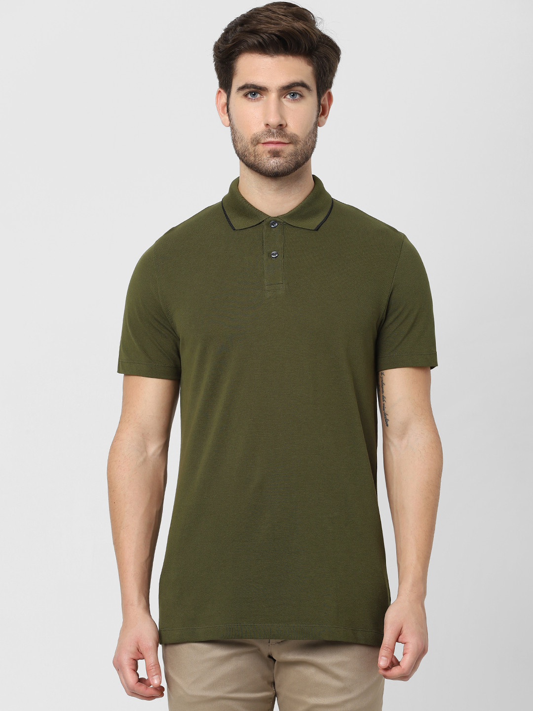 

SELECTED Men Olive Green Polo Collar Organic Cotton T-shirt