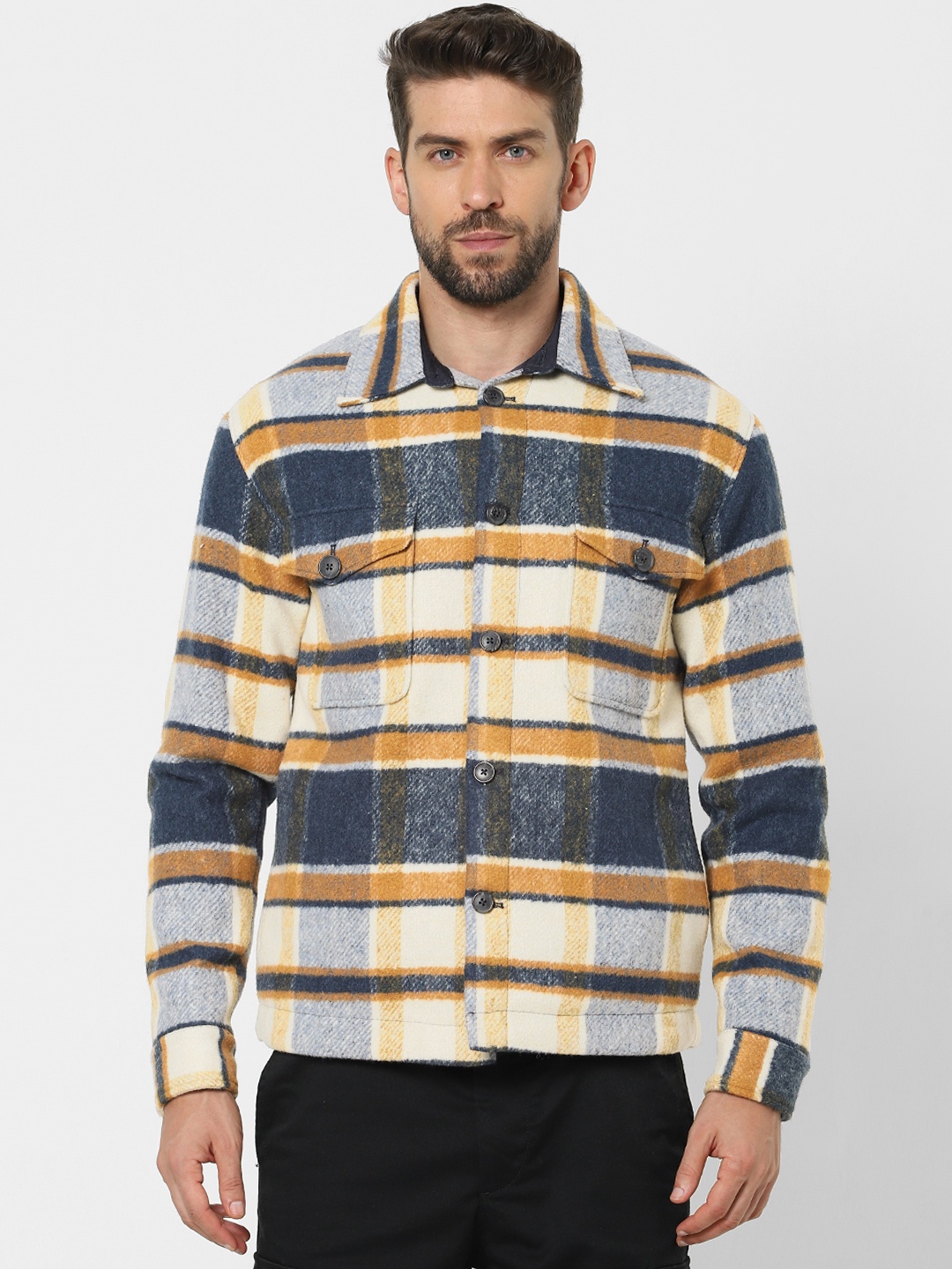 

SELECTED Men Brown & Navy Blue Checked Tailored Jacket