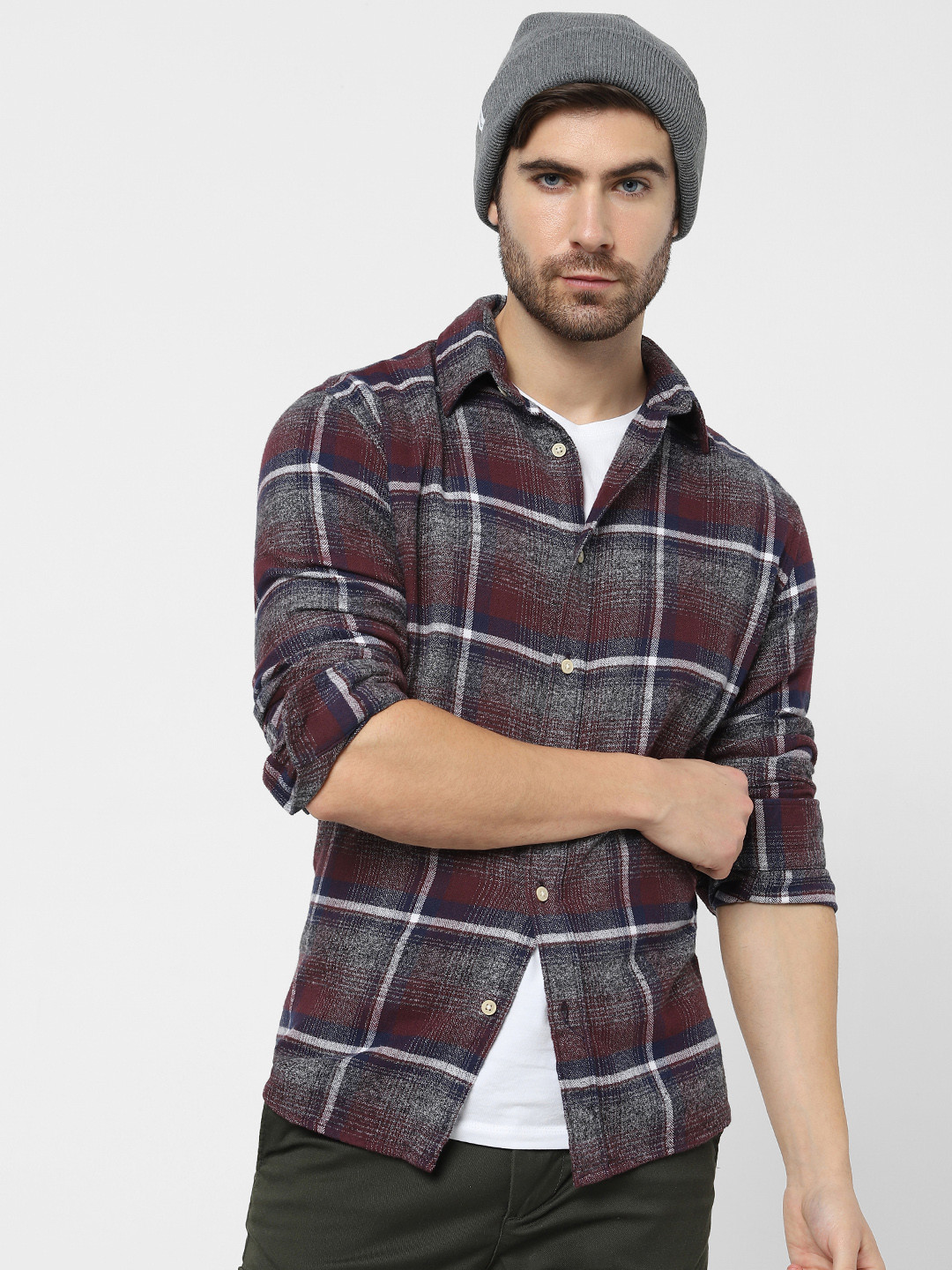 

SELECTED Men Maroon Opaque Checked Flannel Casual Shirt