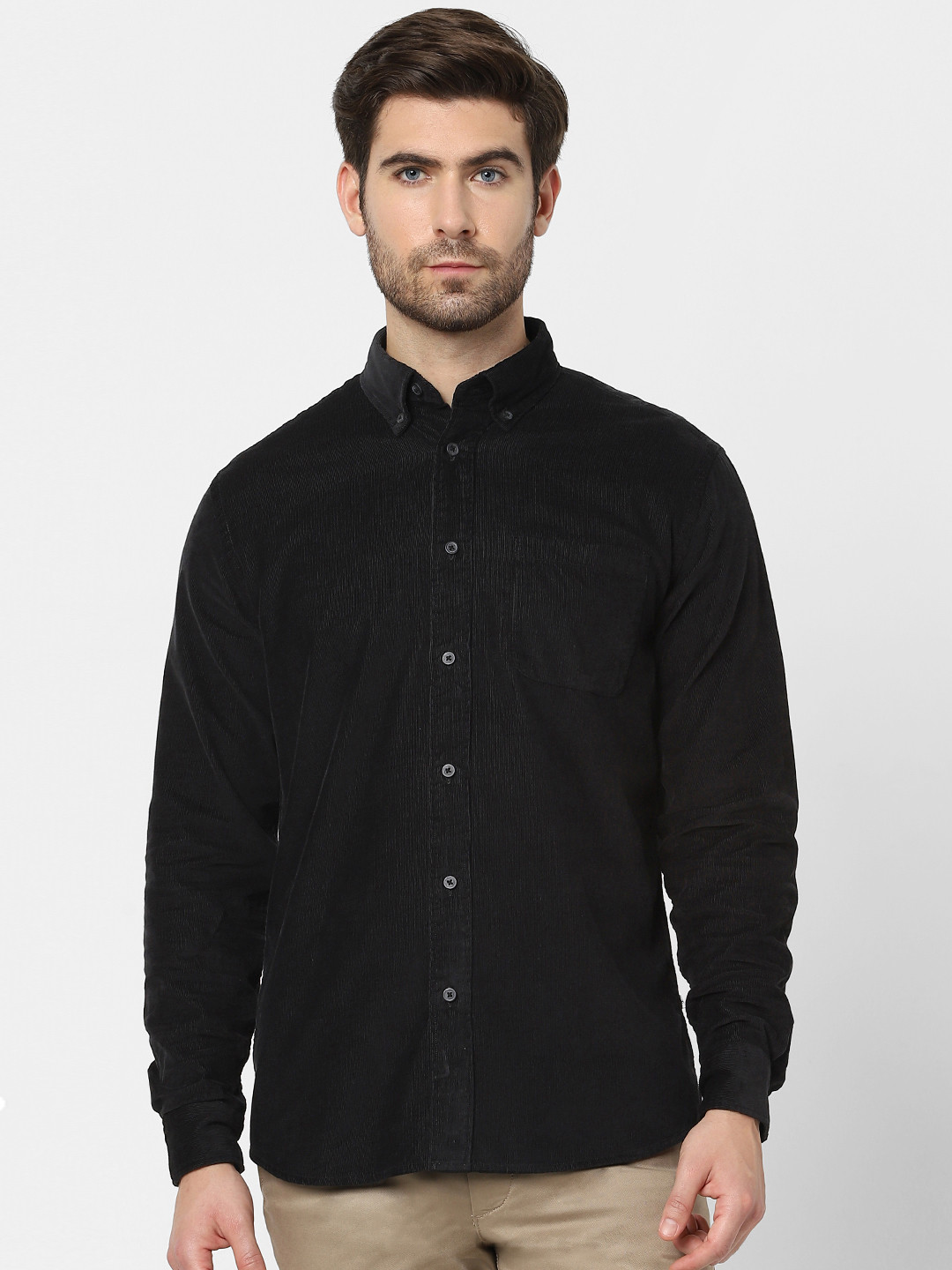 

SELECTED Men Black Opaque Button-Down Collar Casual Corduroy Shirt