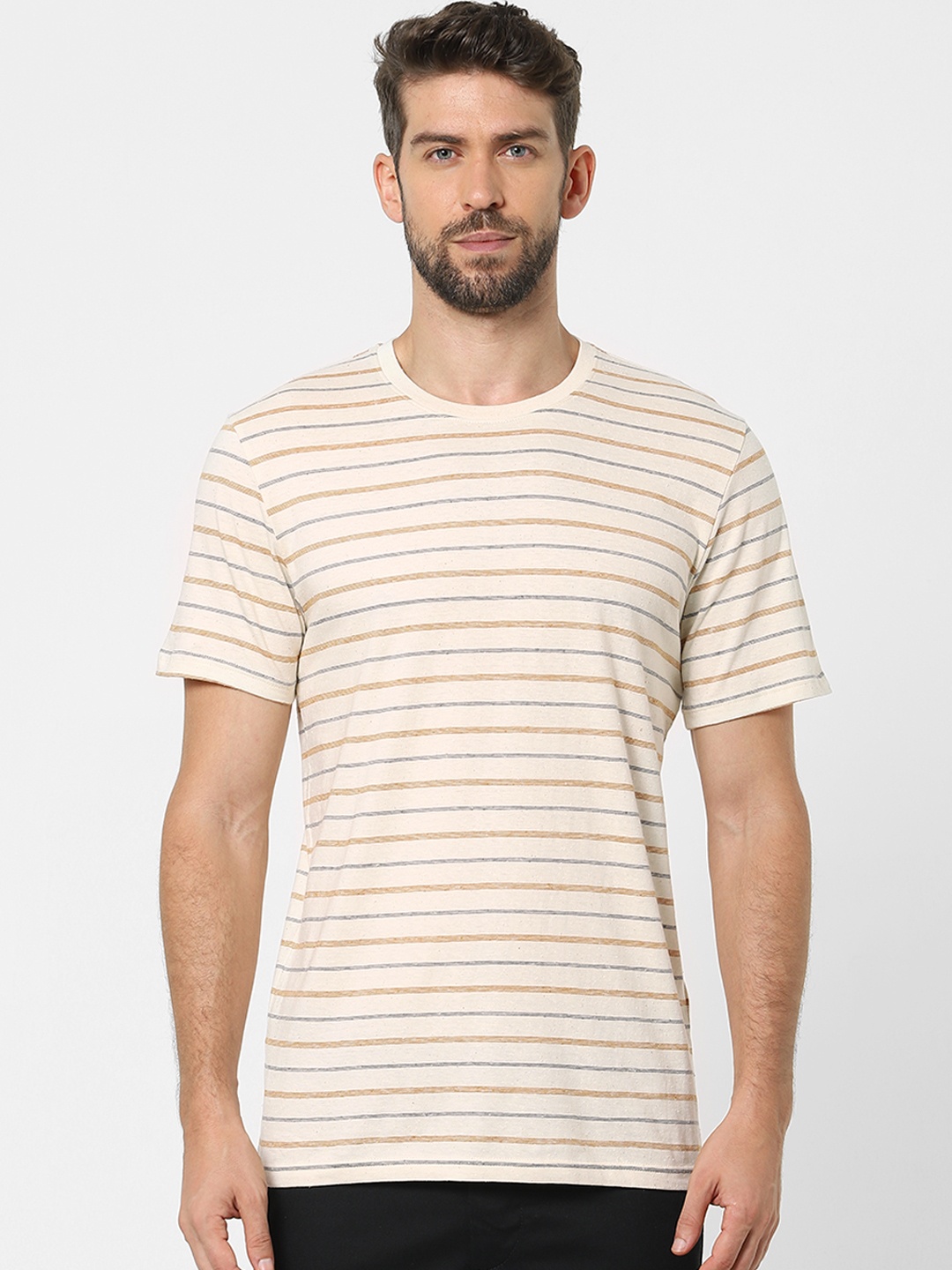 

SELECTED Men Beige & Orange Striped Organic Cotton T-shirt