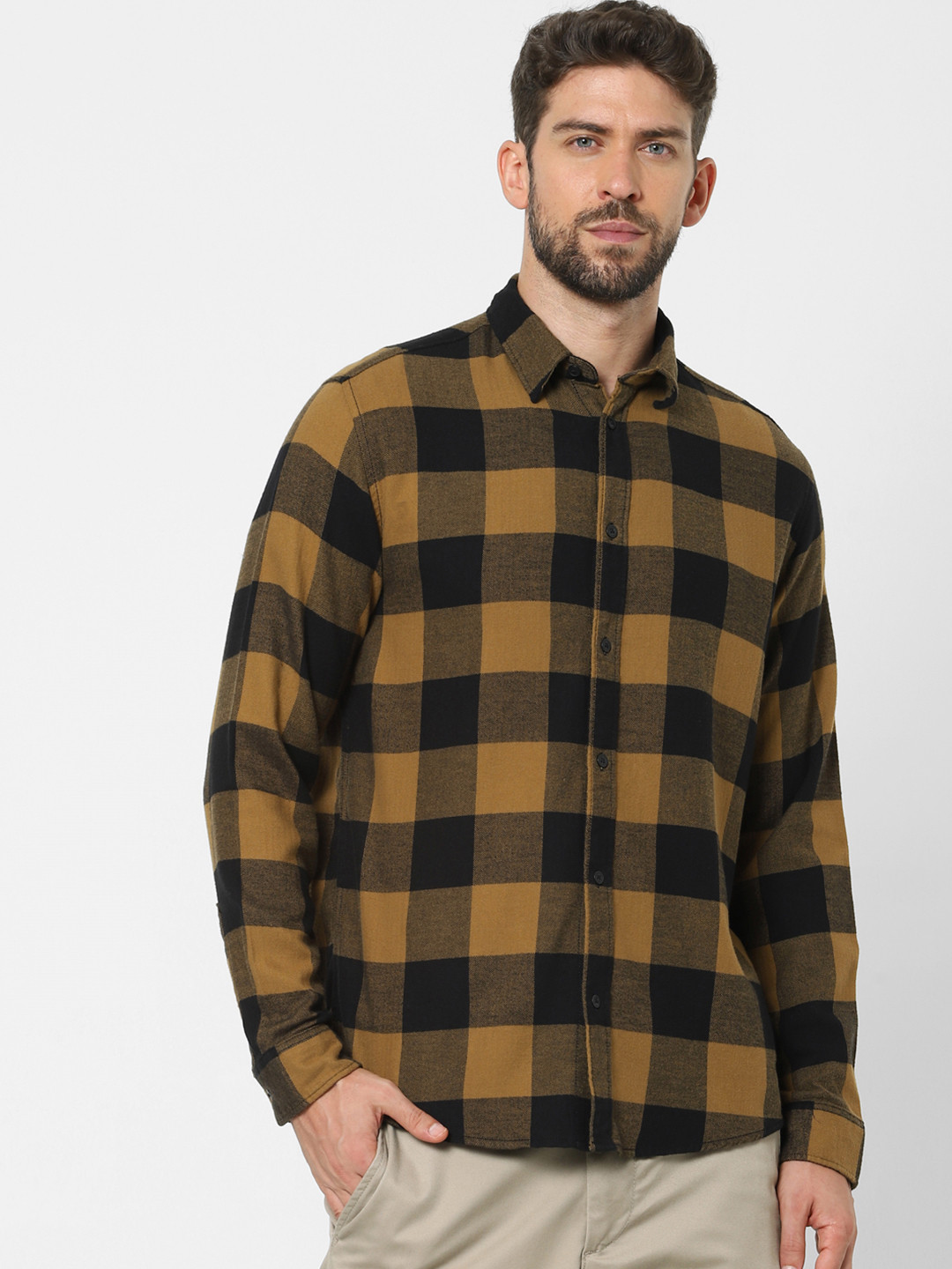 

SELECTED Men Brown & Black Slim Fit Buffalo Checked Organic Cotton Casual Shirt