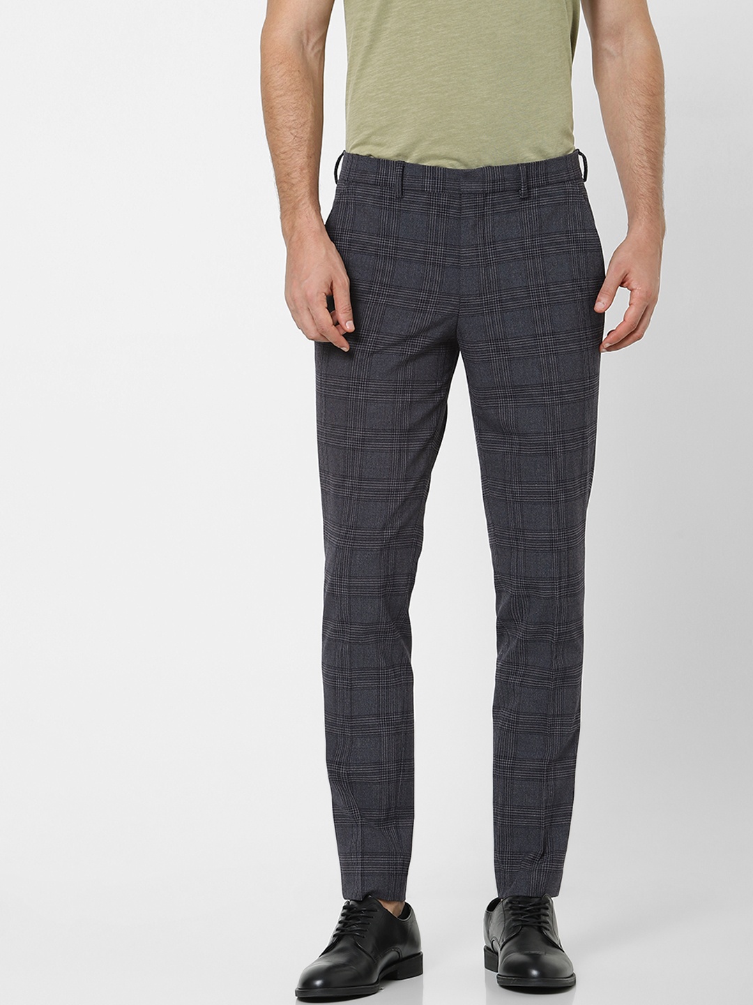 

SELECTED Men Grey & Navy Blue Checked Slim Fit Trousers