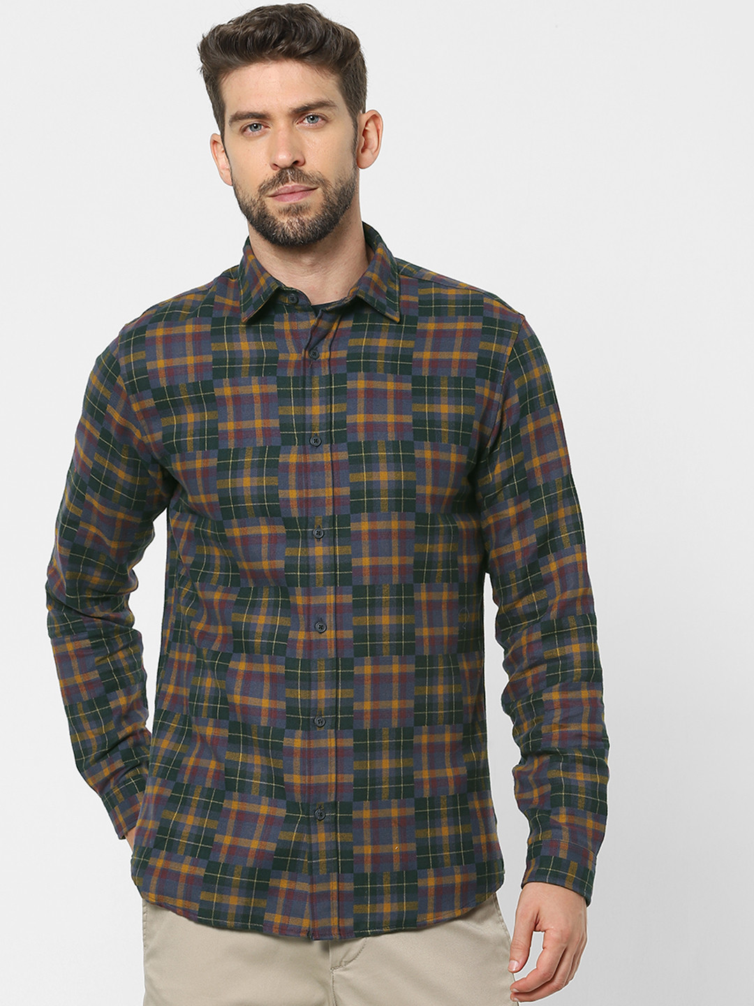 

SELECTED Men Mustard Yellow & Purple Slim Fit Checked Casual Shirt