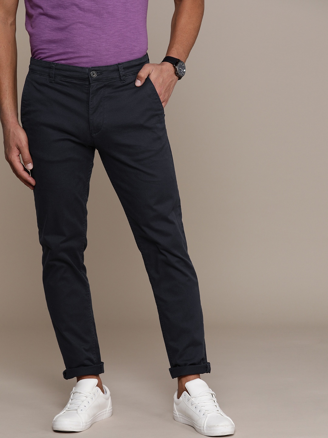 

SELECTED Men Navy Blue Solid Straight Fit Chinos Trousers