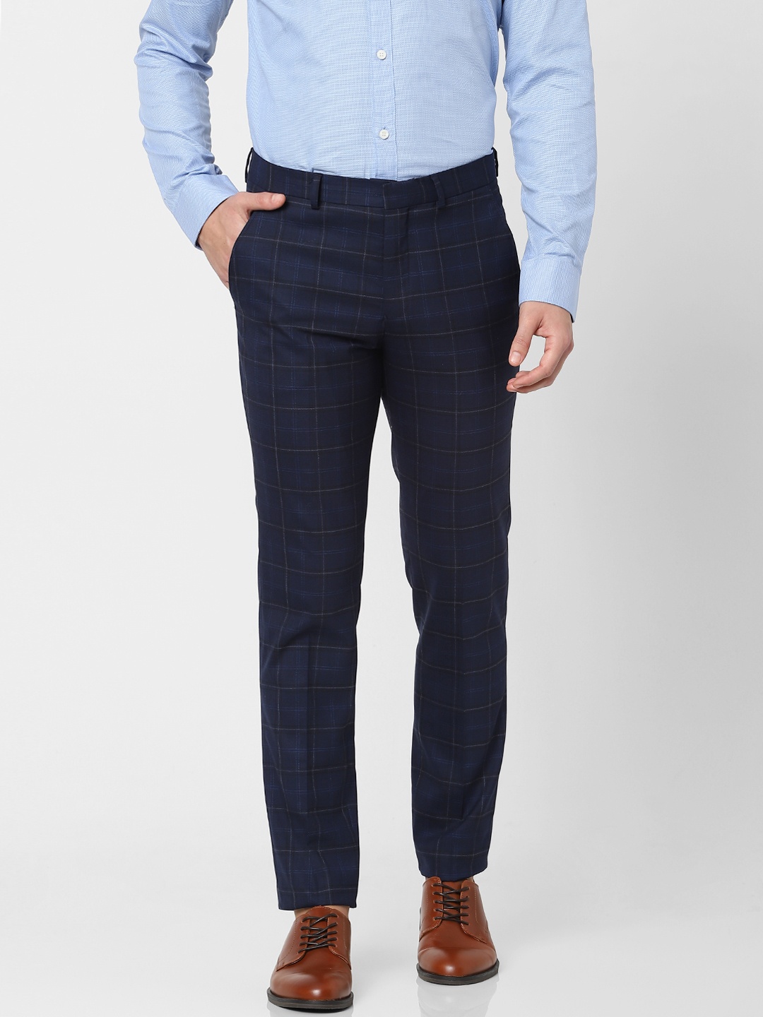 

SELECTED Men Navy Blue Checked Slim Fit Trousers