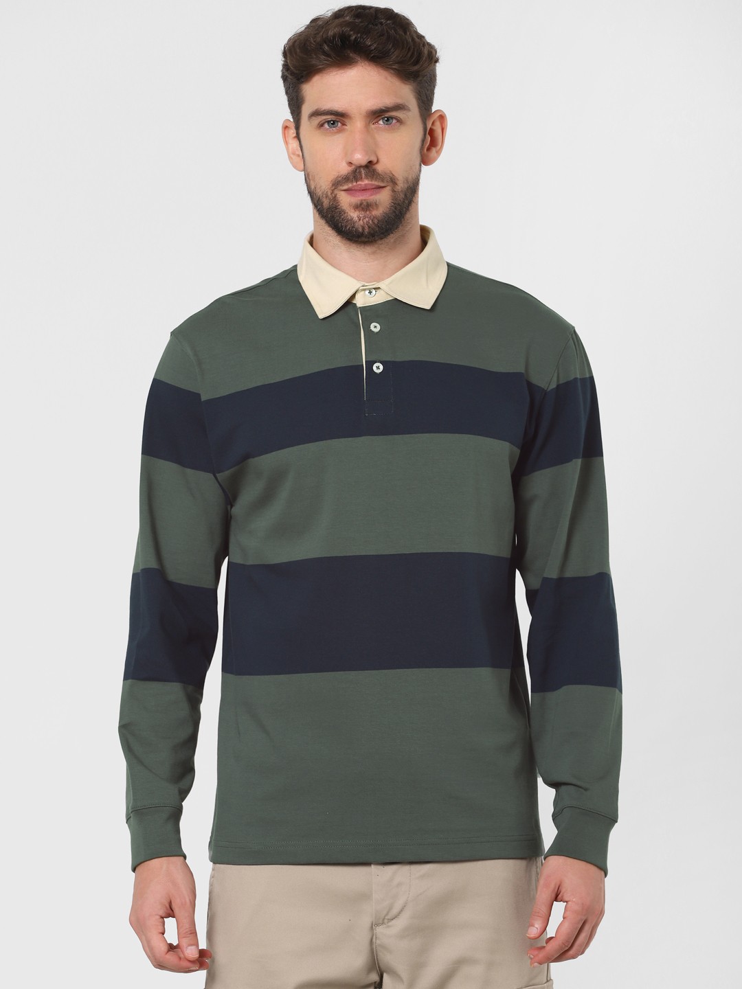 

SELECTED Men Green Navy Blue Striped Polo Collar Pure Cotton T-shirt