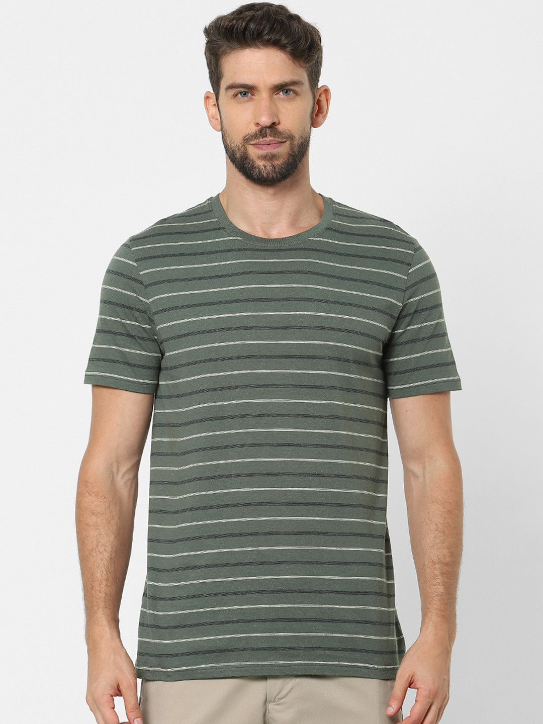 

SELECTED Men Green & White Striped Organic Cotton T-shirt