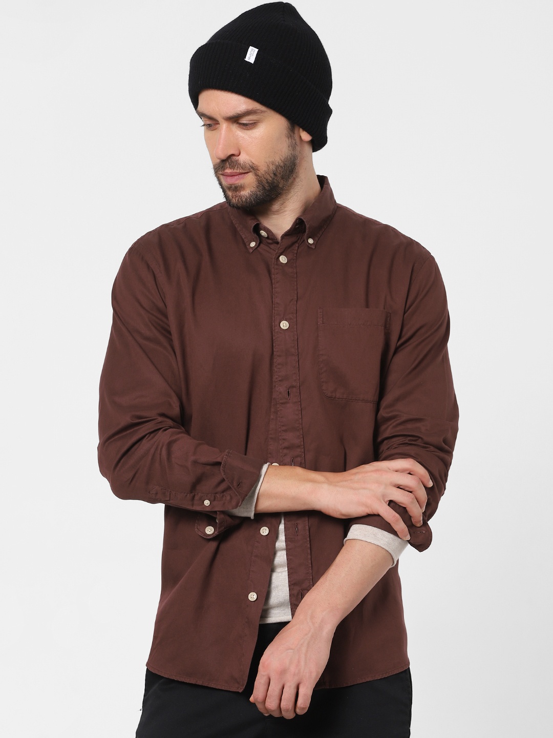 

SELECTED Men Brown Solid Casual Shirt