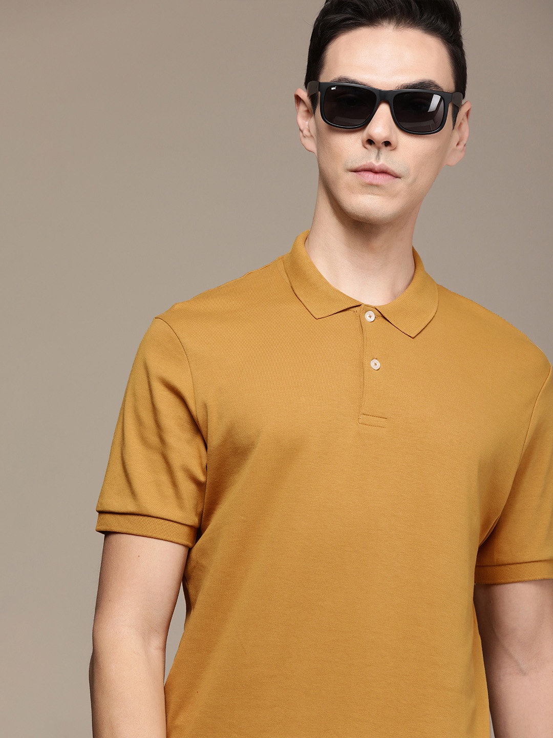 

SELECTED Men Mustard Yellow Solid Polo Collar Slim Fit Pure Organic Cotton T-shirt