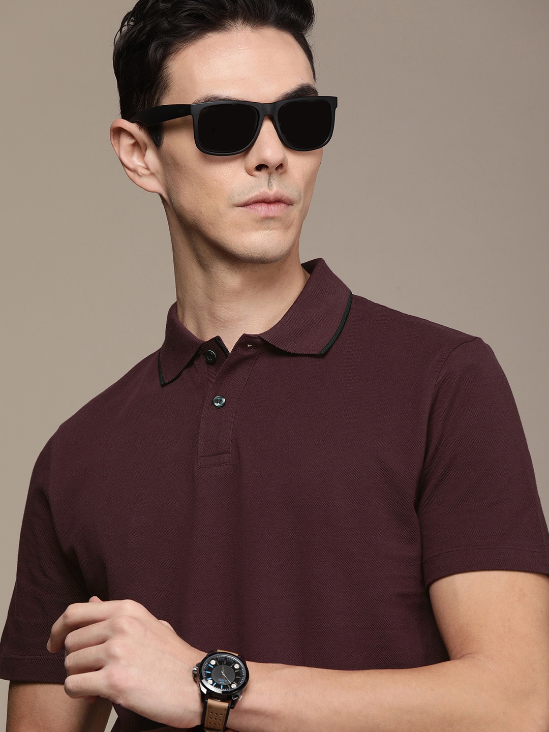 

SELECTED Men Purple Solid Polo Collar Pure Cotton T-shirt