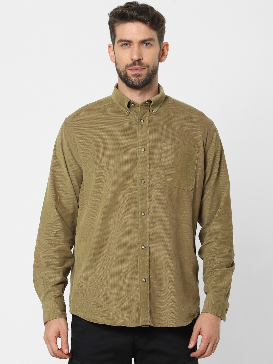 

SELECTED Men Camel Brown Opaque Button-Down Collar Casual Corduroy Shirt